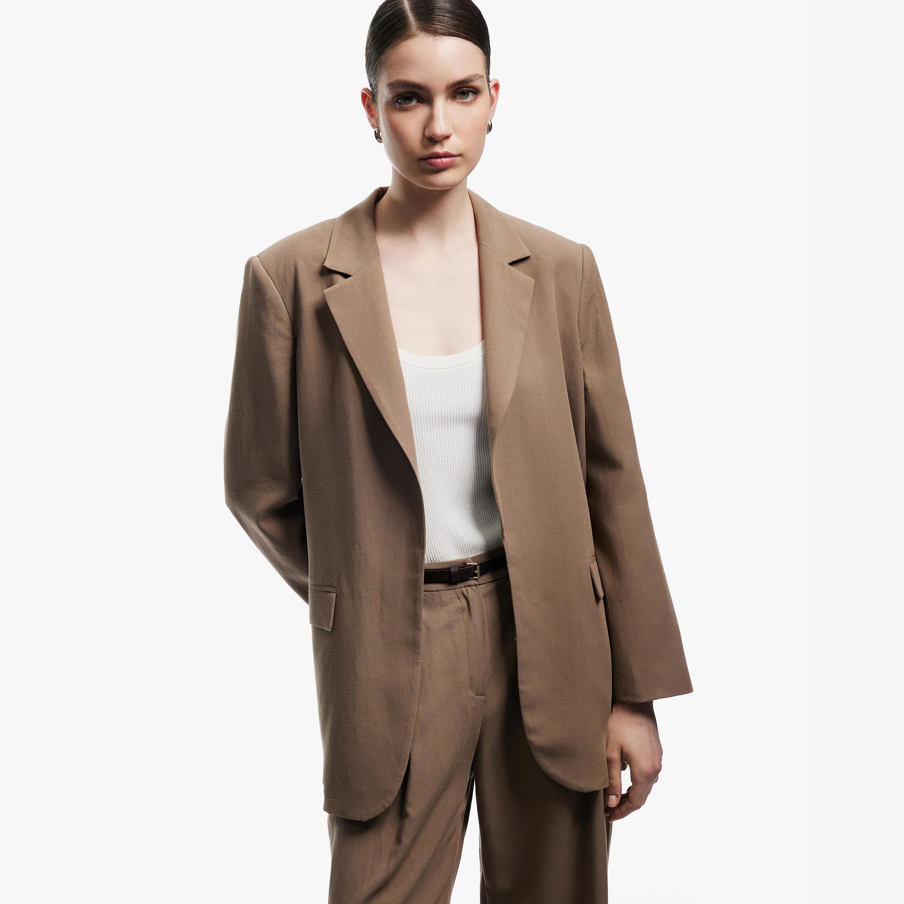 KOTON Brown Lapel Collar Women's Blazer-women-clothing-coatsandjackets-blazers-image-1