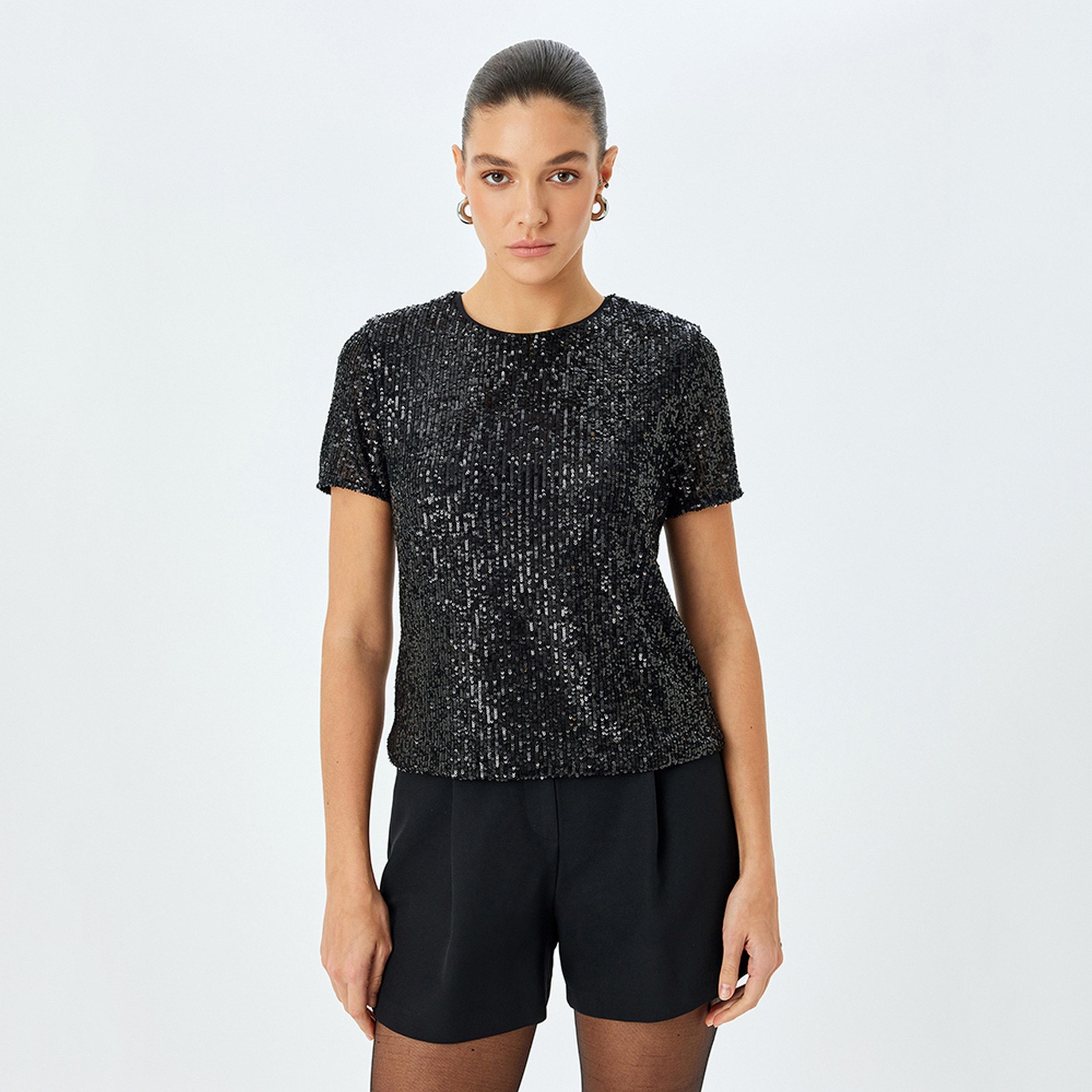 KOTON Black Sequined Round Neck Short Sleeves Women's Top-women-clothing-shirtsandblouses-blouses-image-1
