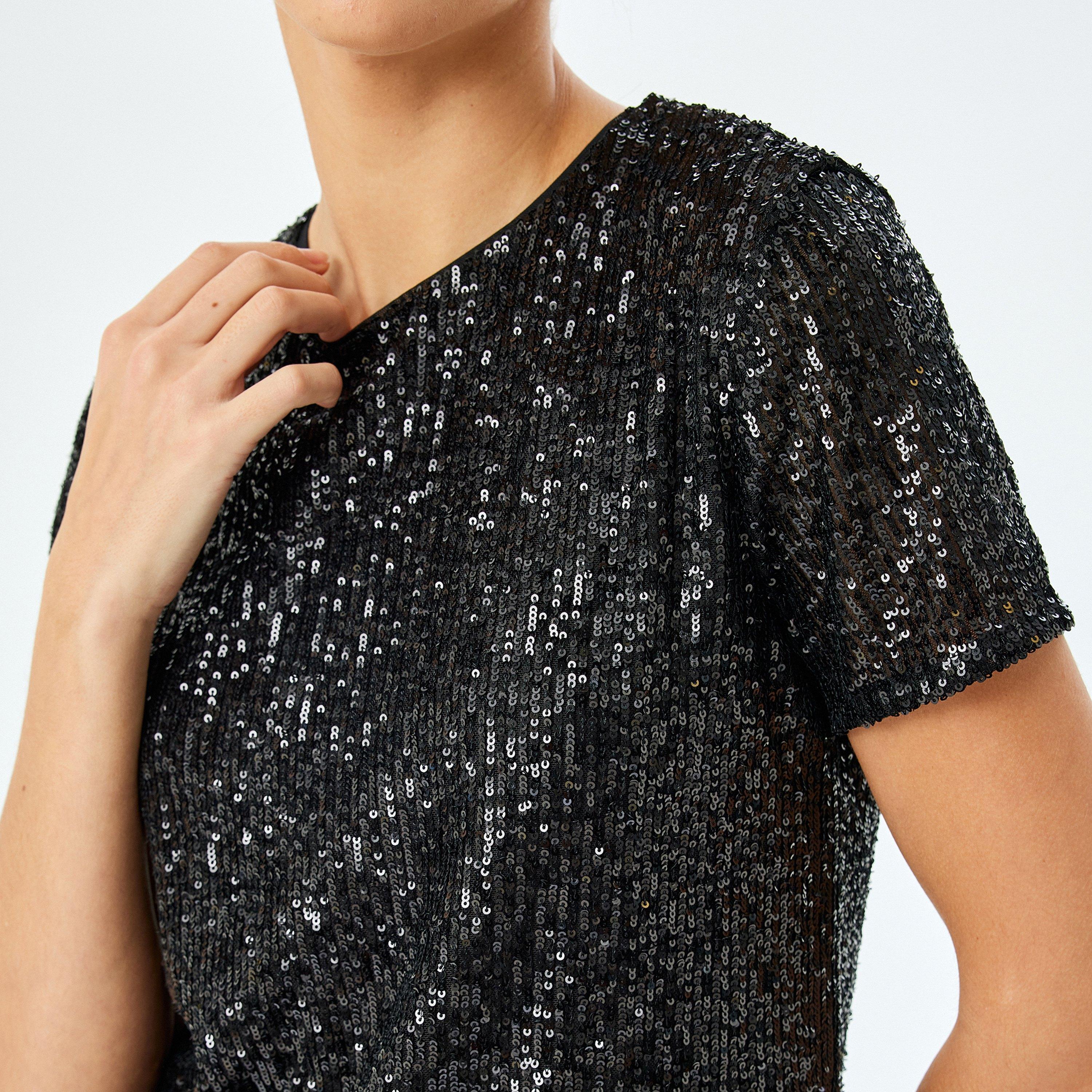 KOTON Black Sequined Round Neck Short Sleeves Women's Top-women-clothing-shirtsandblouses-blouses-image-4