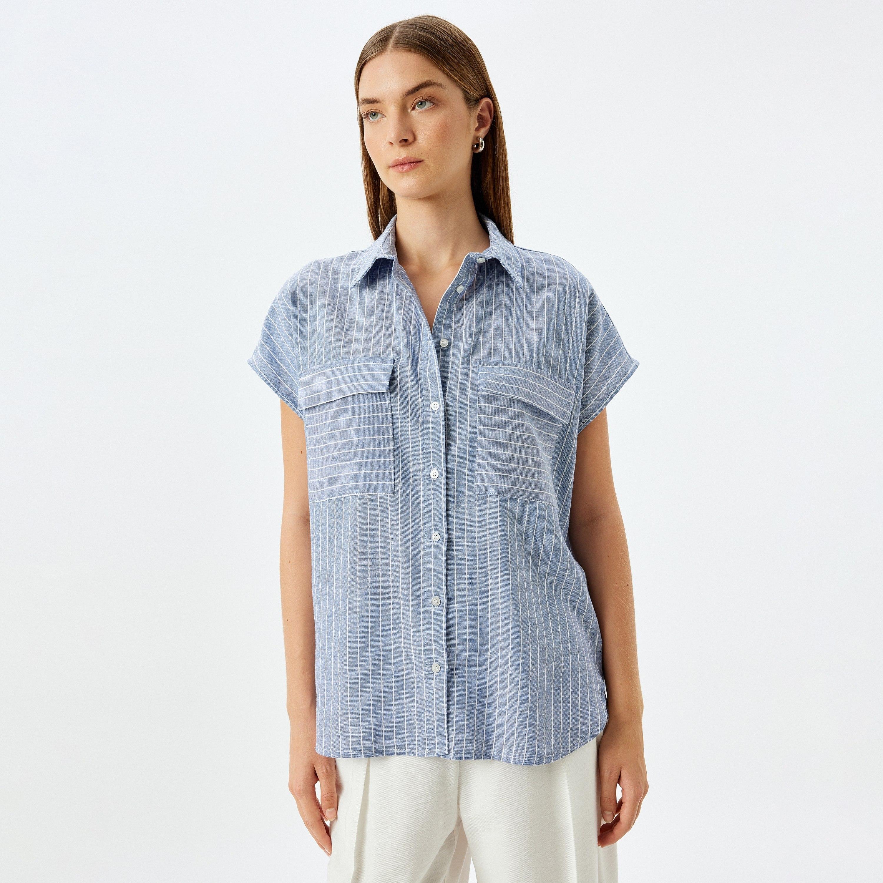 Koton Blue Striped Spread Collar Short Sleeves Women's Shirt-women-clothing-shirtsandblouses-shirts-image-1