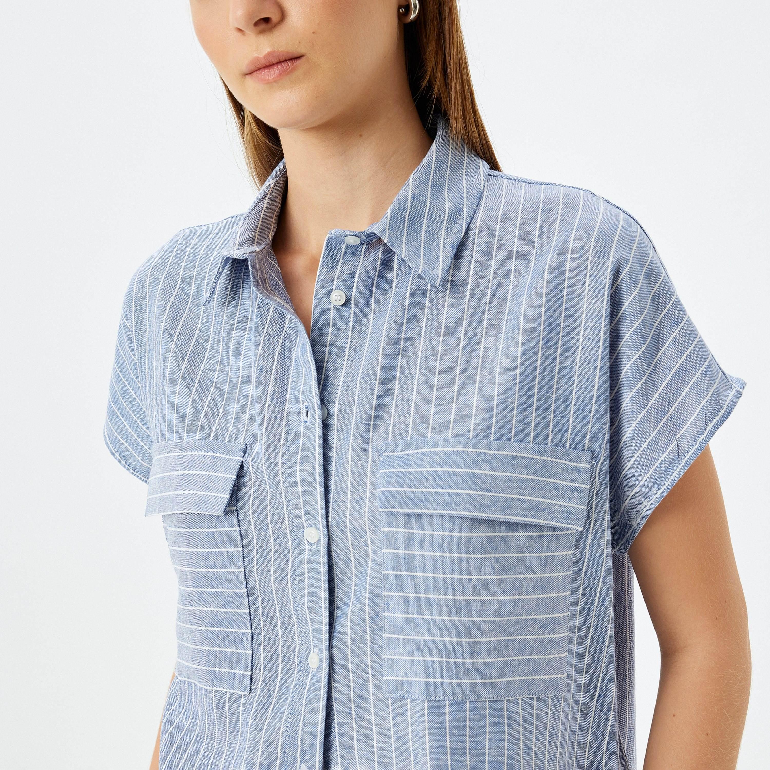 Koton Blue Striped Spread Collar Short Sleeves Women's Shirt-women-clothing-shirtsandblouses-shirts-image-2