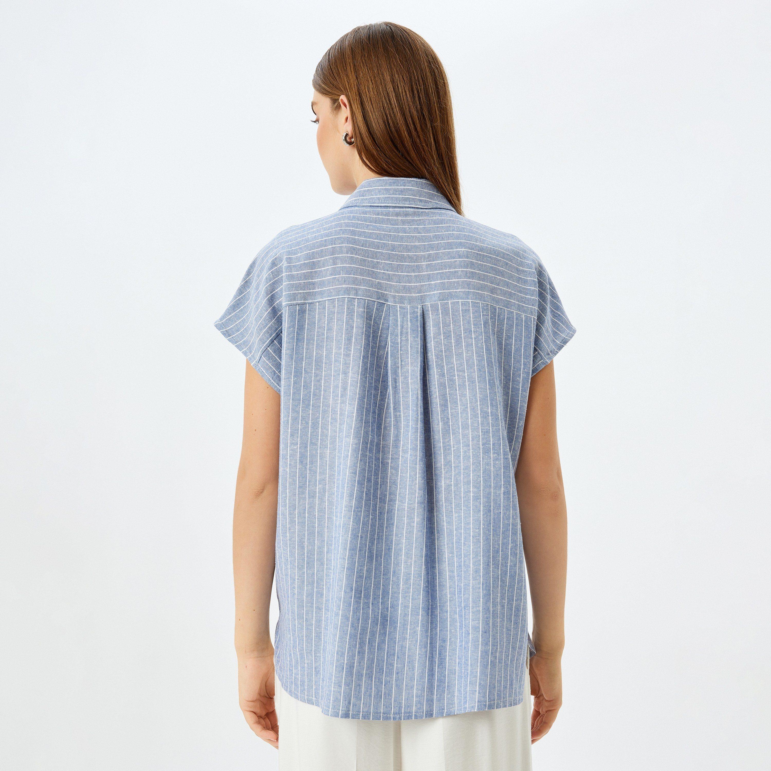 Koton Blue Striped Spread Collar Short Sleeves Women's Shirt-women-clothing-shirtsandblouses-shirts-image-3