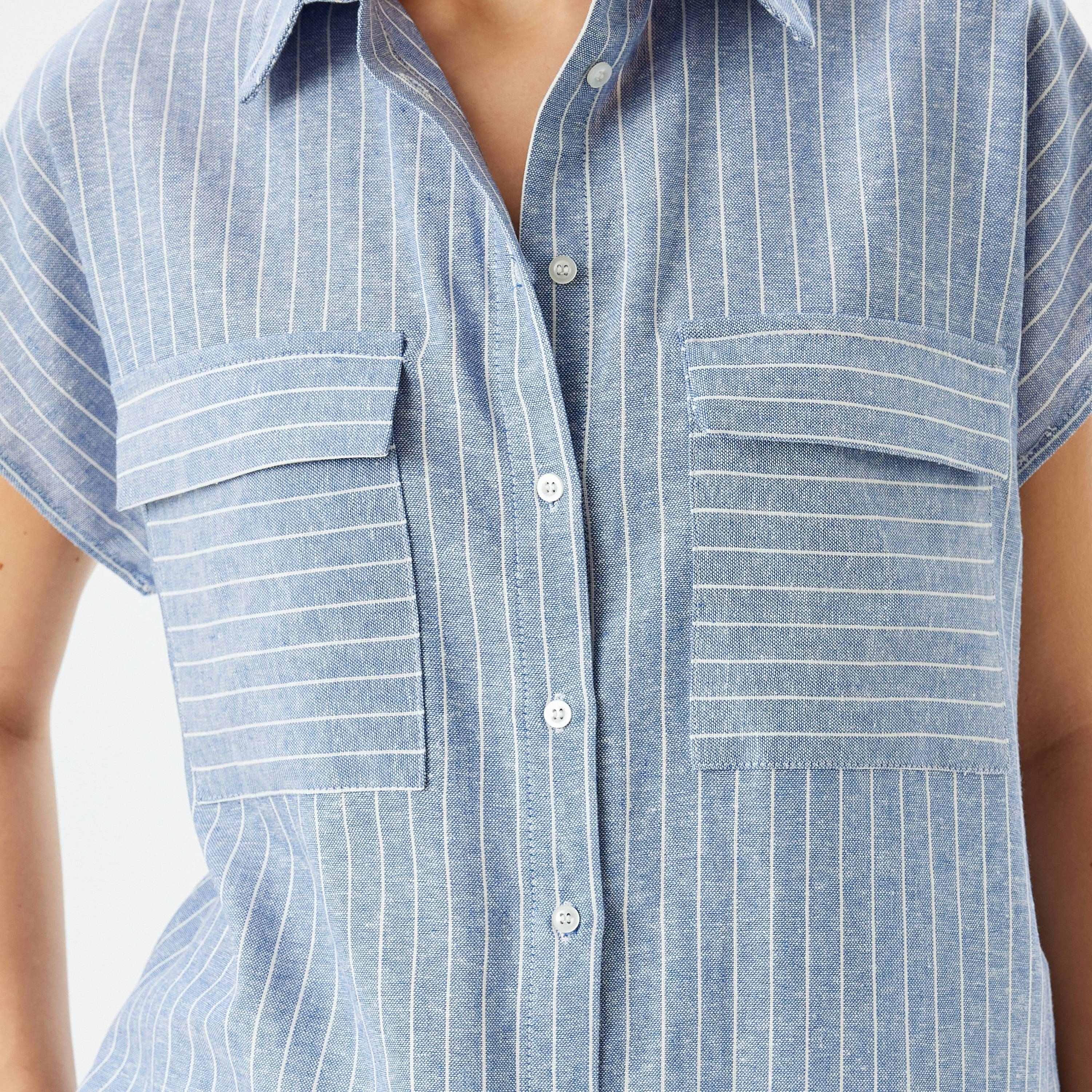 Koton Blue Striped Spread Collar Short Sleeves Women's Shirt-women-clothing-shirtsandblouses-shirts-image-4
