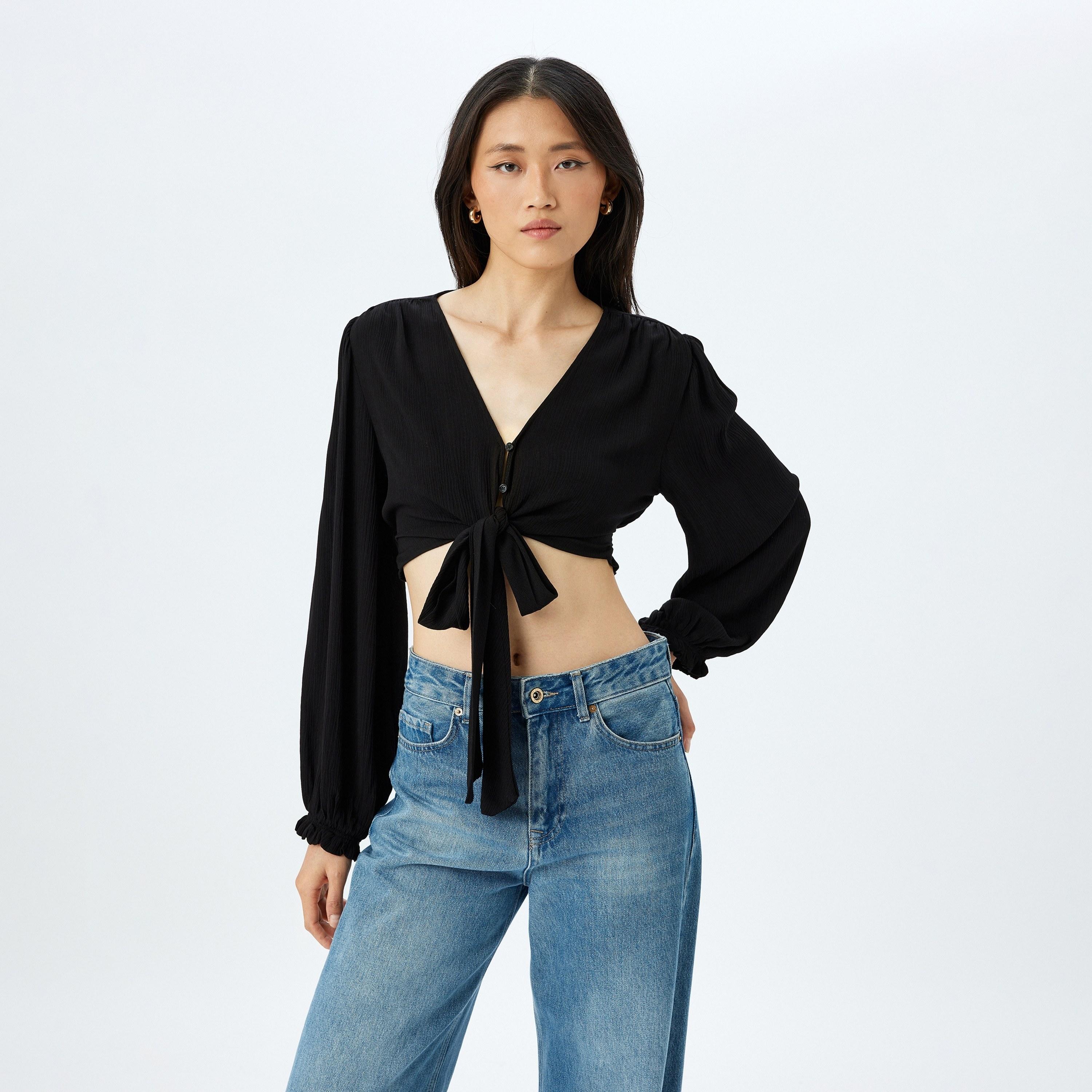 Koton Smocked V-Neck Elasticated Cuffs Women's Top-women-clothing-shirtsandblouses-blouses-image-1