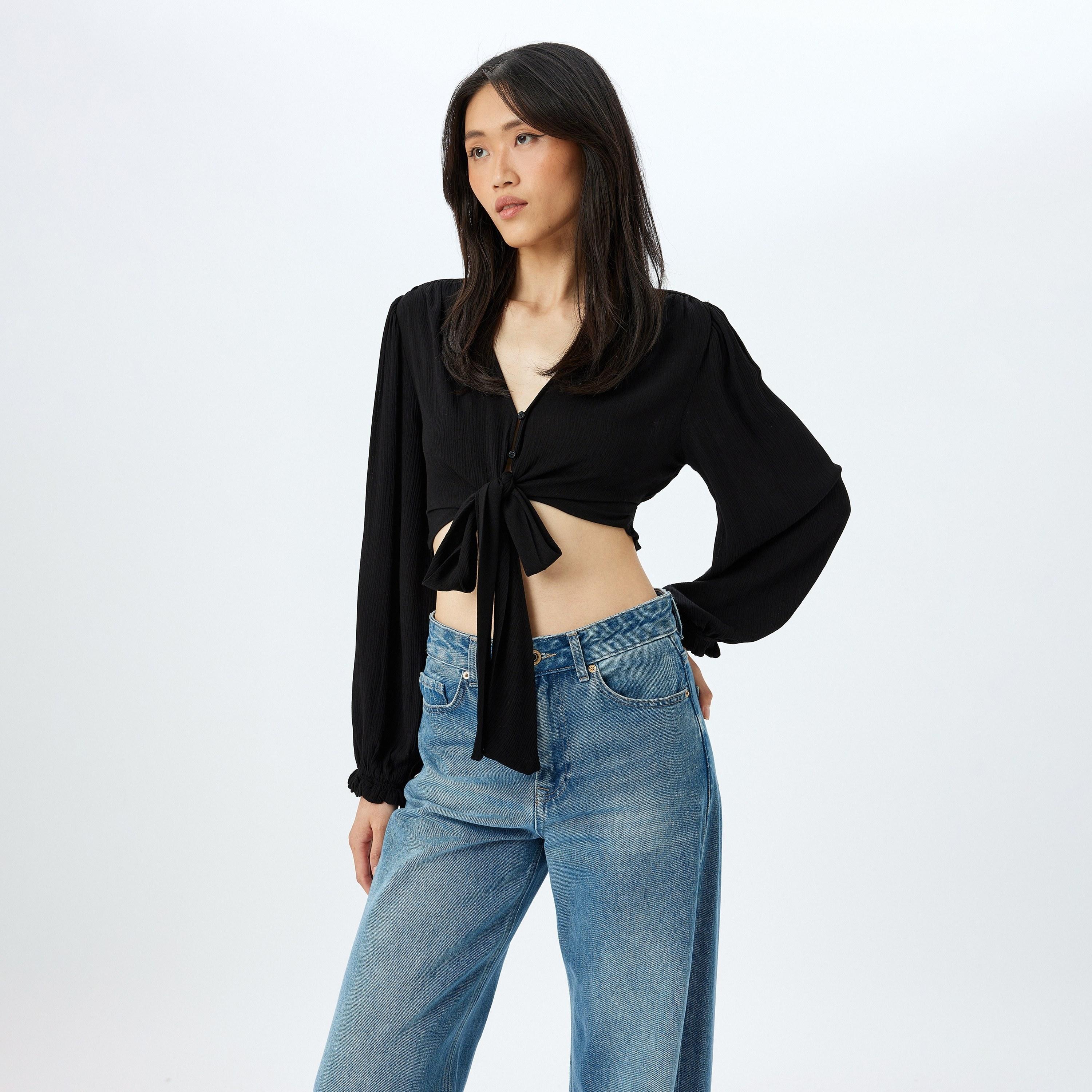 Koton Smocked V-Neck Elasticated Cuffs Women's Top-women-clothing-shirtsandblouses-blouses-image-2