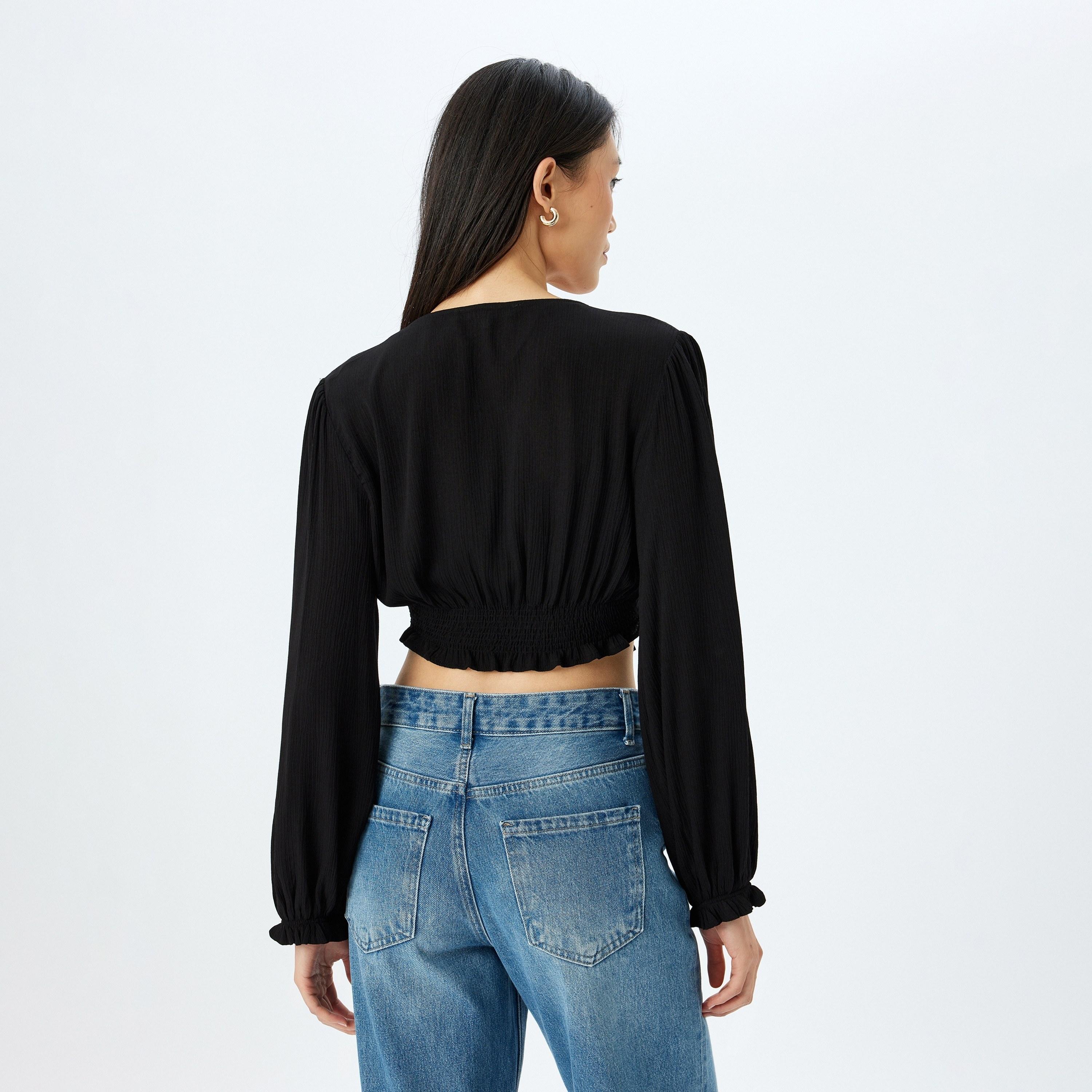 Koton Smocked V-Neck Elasticated Cuffs Women's Top-women-clothing-shirtsandblouses-blouses-image-3
