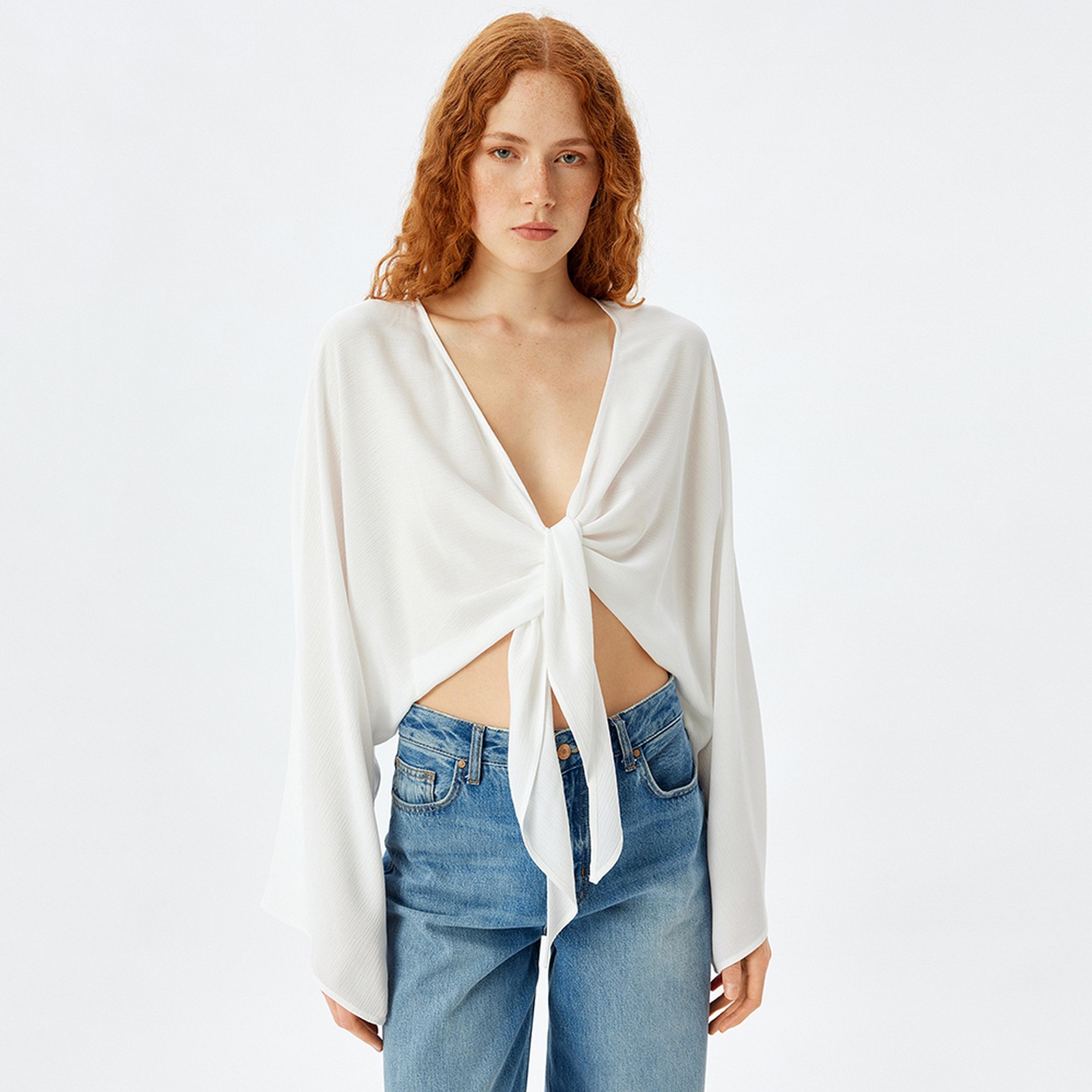 KOTON White Viscose V-Neck Flared Sleeves Women's Top-women-clothing-shirtsandblouses-blouses-image-1