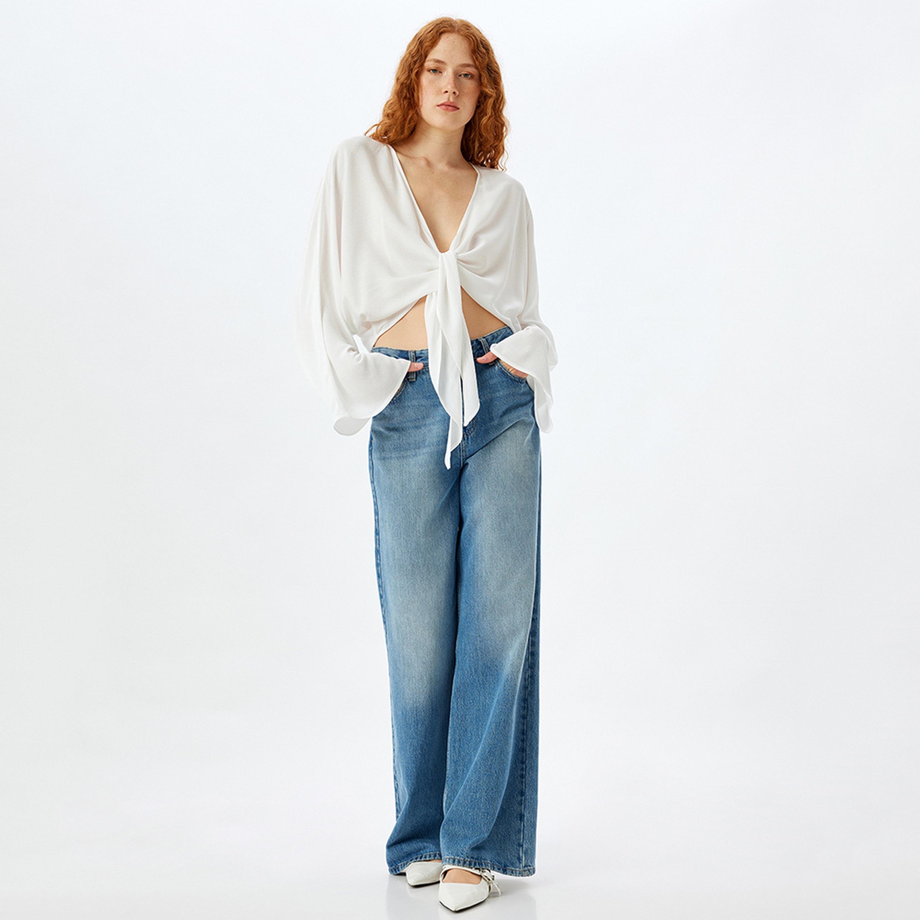 KOTON White Viscose V-Neck Flared Sleeves Women's Top-women-clothing-shirtsandblouses-blouses-image-2