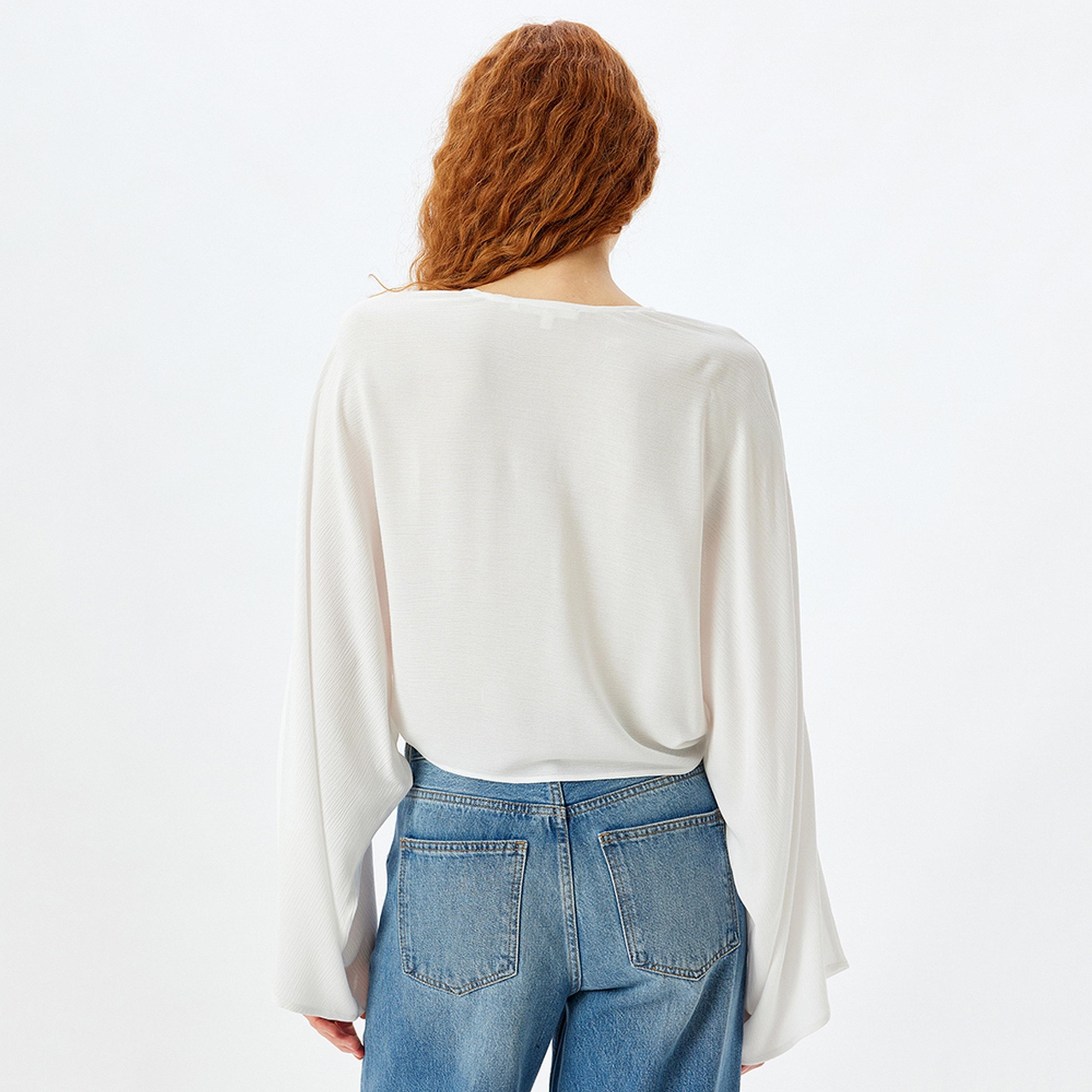 KOTON White Viscose V-Neck Flared Sleeves Women's Top-women-clothing-shirtsandblouses-blouses-image-3