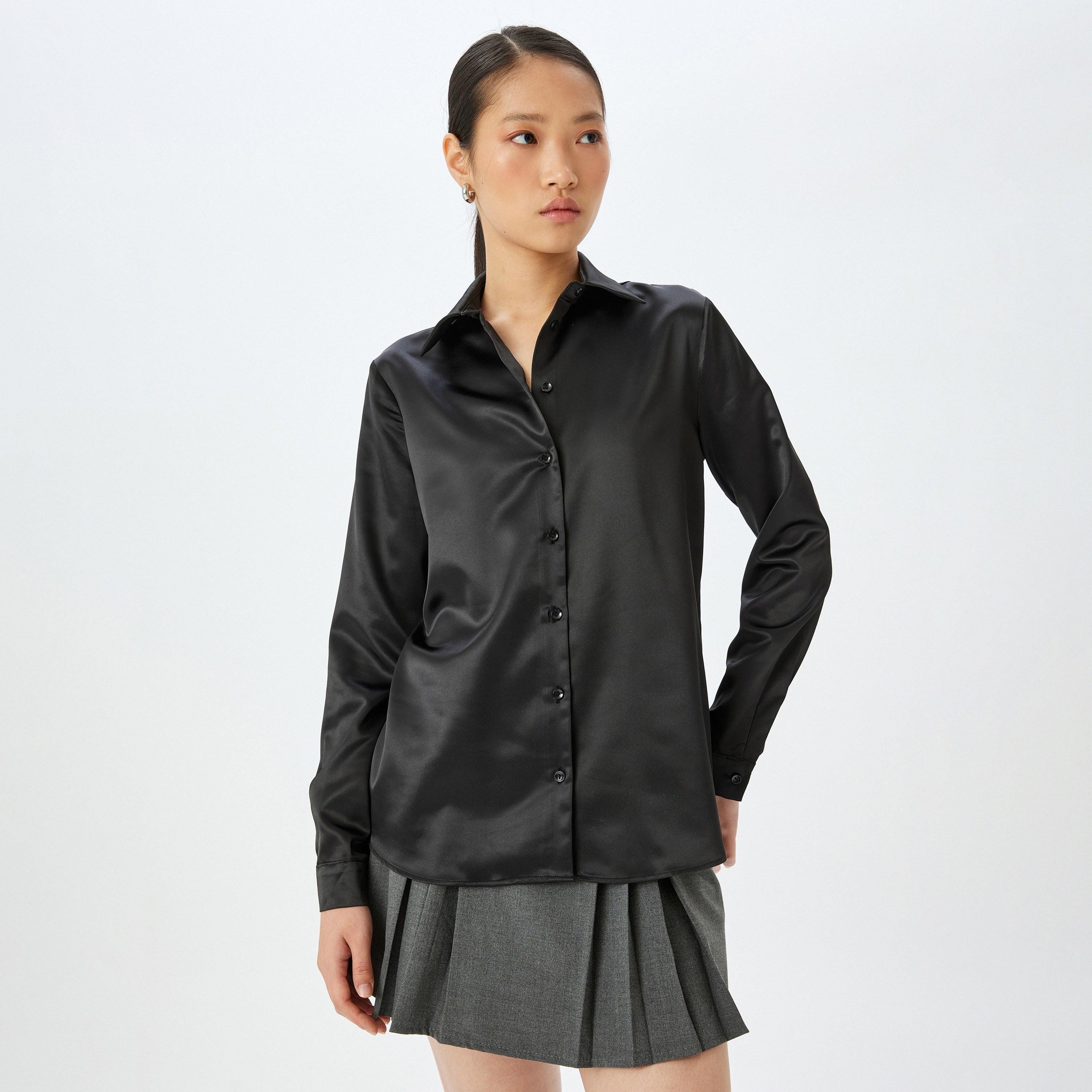 Koton Black Plain Satin Spread Collar Long Sleeves Women's Shirt-women-clothing-shirtsandblouses-shirts-image-1