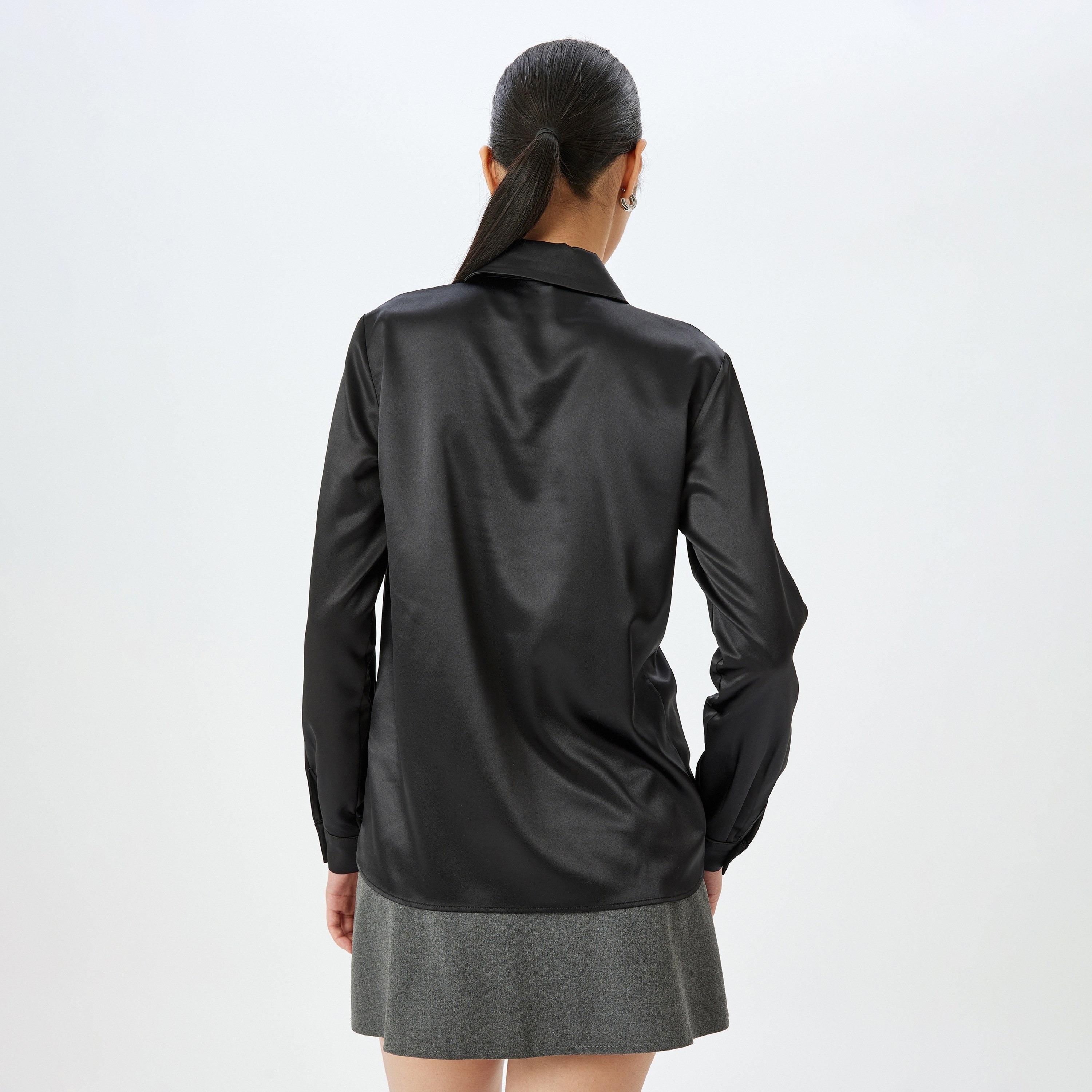 Koton Black Plain Satin Spread Collar Long Sleeves Women's Shirt-women-clothing-shirtsandblouses-shirts-image-3