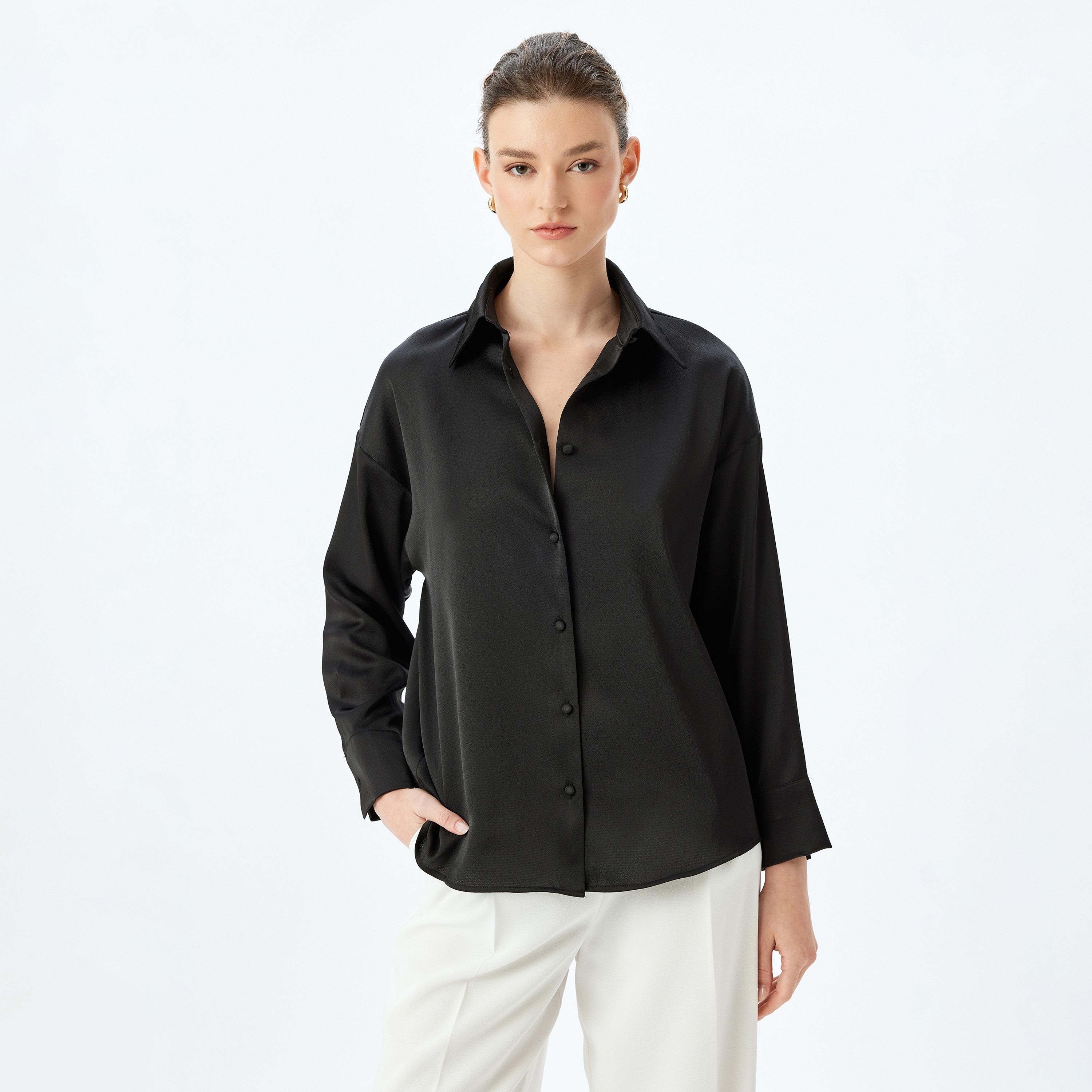 Koton Plain Spread Collar Dropped Sleeves Women's Shirt-women-clothing-shirtsandblouses-shirts-image-1