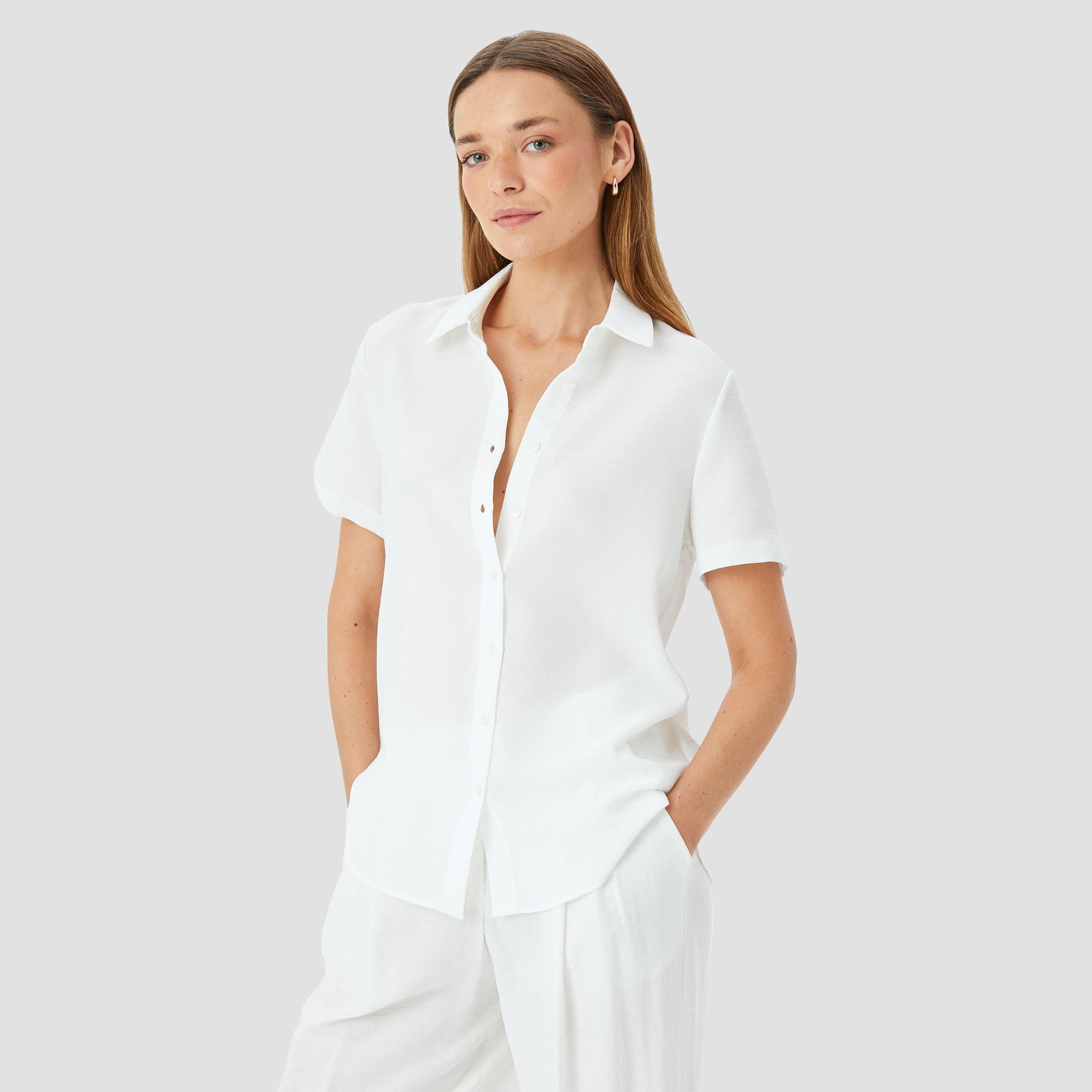 Koton White Plain Spread Collar Short Sleeves Women's Shirt-women-clothing-shirtsandblouses-shirts-image-1
