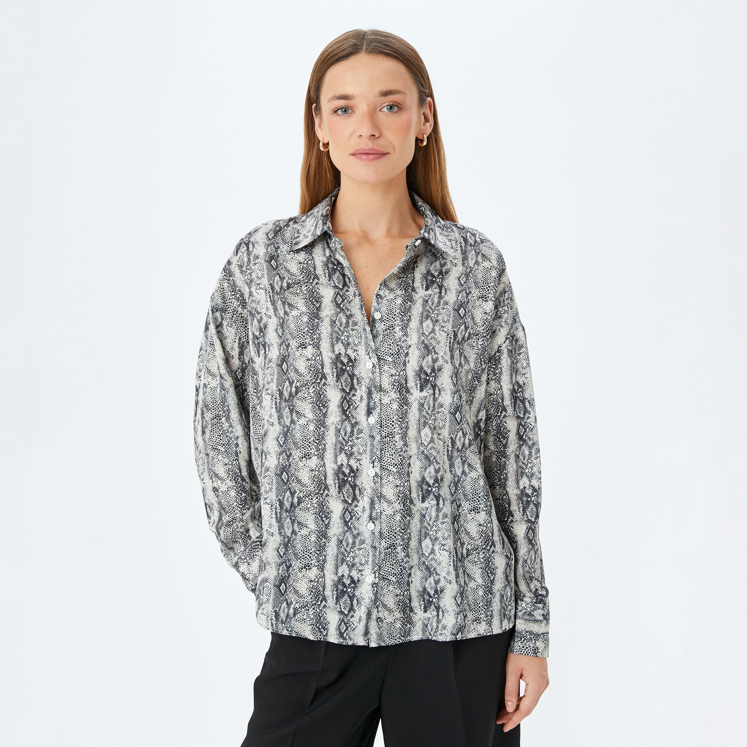 Koton Black Snakeskin Print Satin Spread Collar Long Sleeves Women's Shirt-women-clothing-shirtsandblouses-shirts-image-1