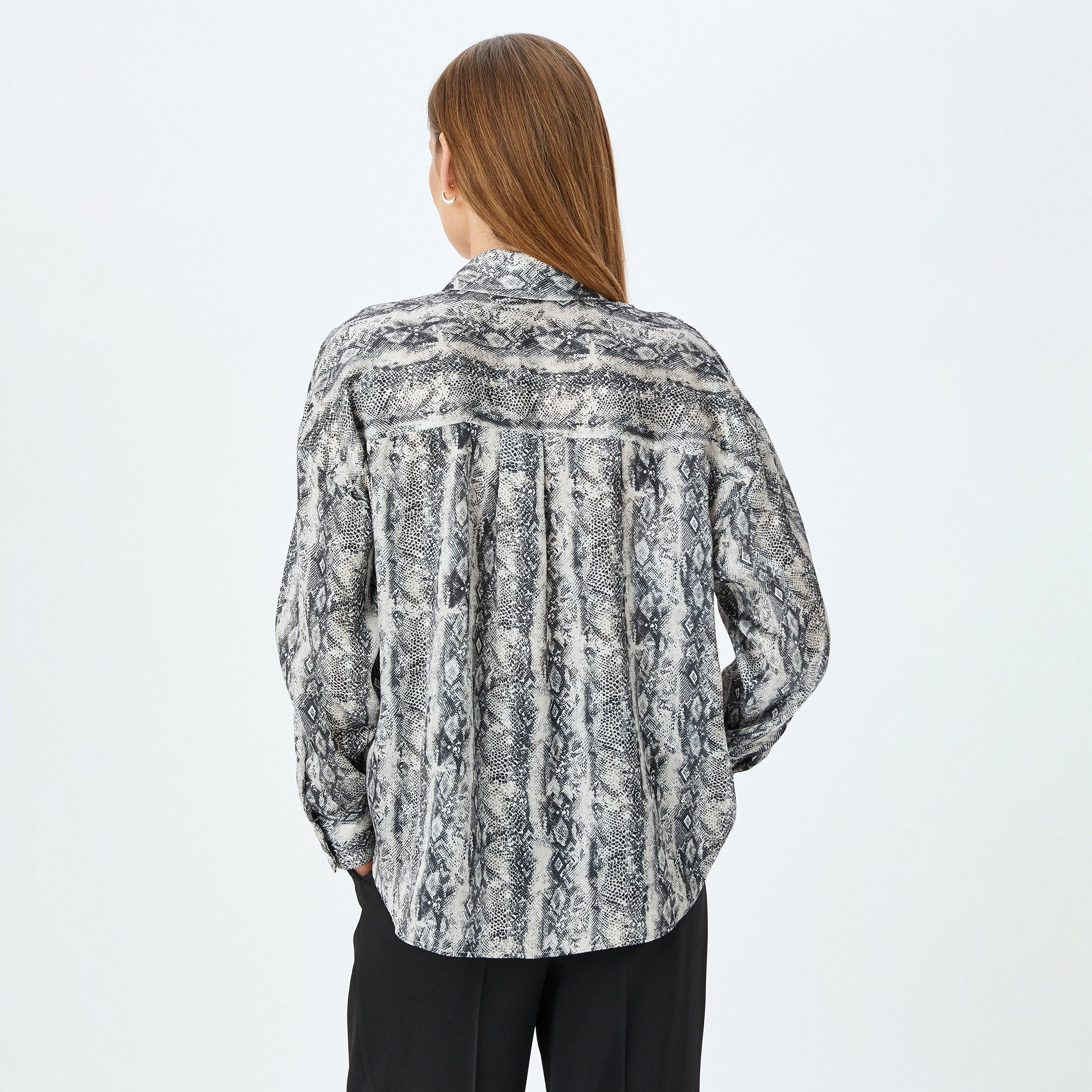 Koton Black Snakeskin Print Satin Spread Collar Long Sleeves Women's Shirt-women-clothing-shirtsandblouses-shirts-image-2