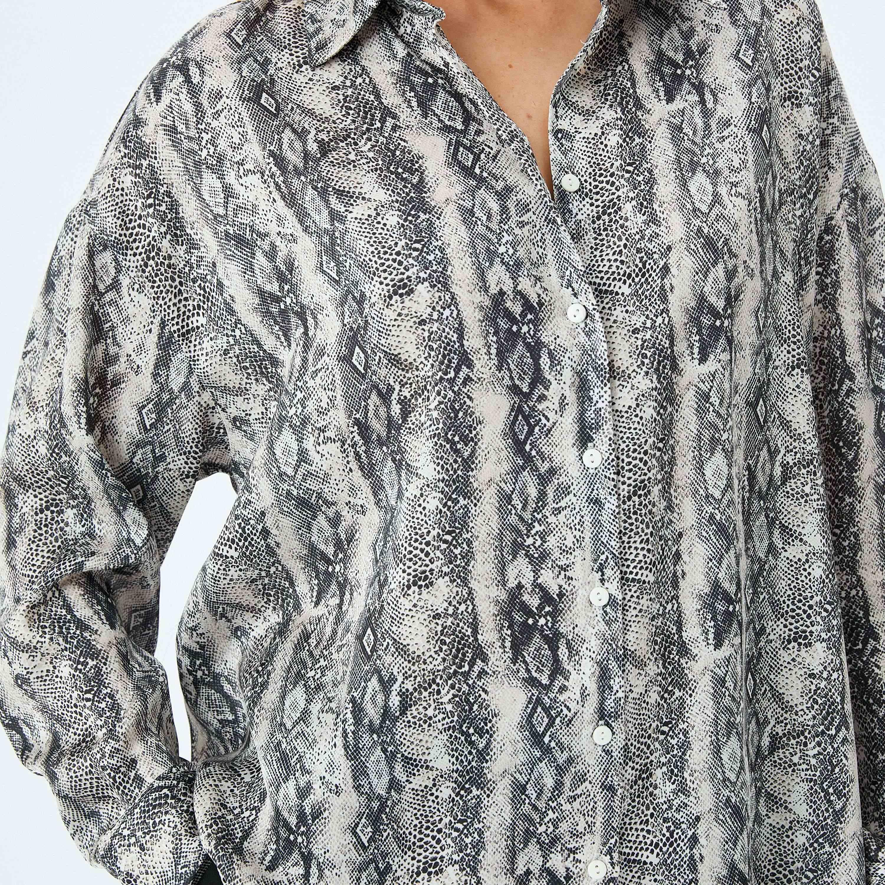 Koton Black Snakeskin Print Satin Spread Collar Long Sleeves Women's Shirt-women-clothing-shirtsandblouses-shirts-image-4