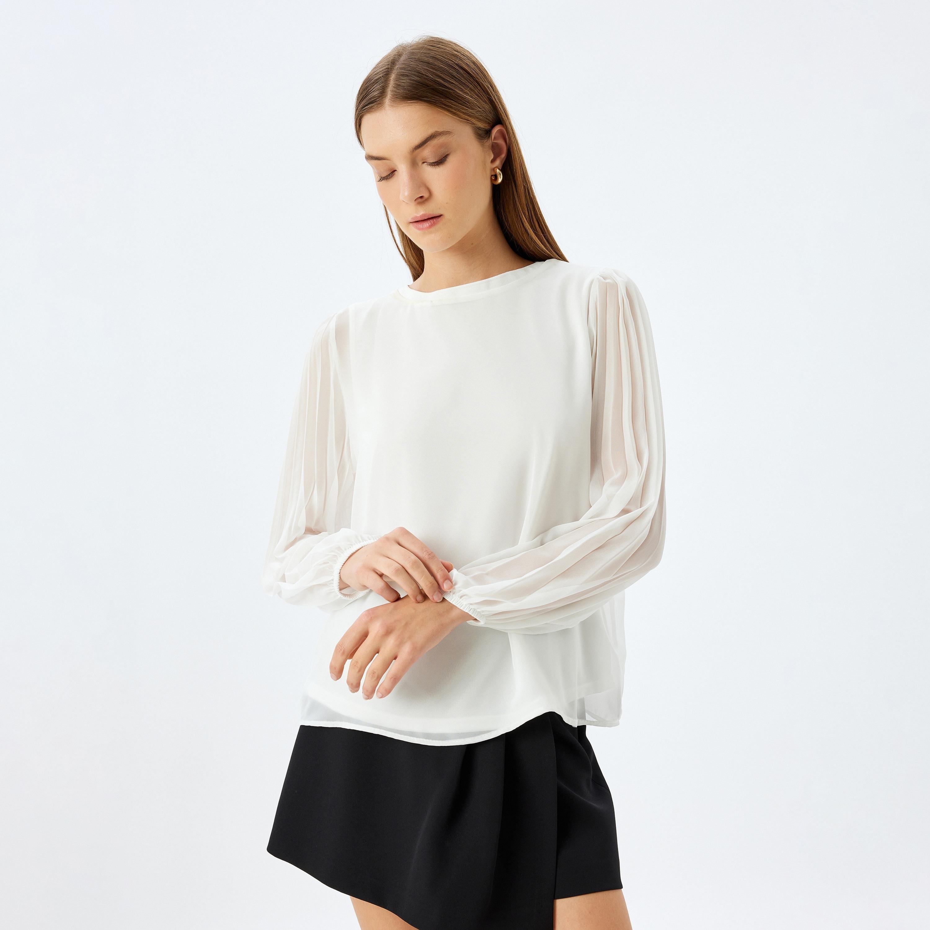 Koton White Plain Round Neck Pleated Sheer Sleeves Women's Top-women-clothing-shirtsandblouses-blouses-image-1