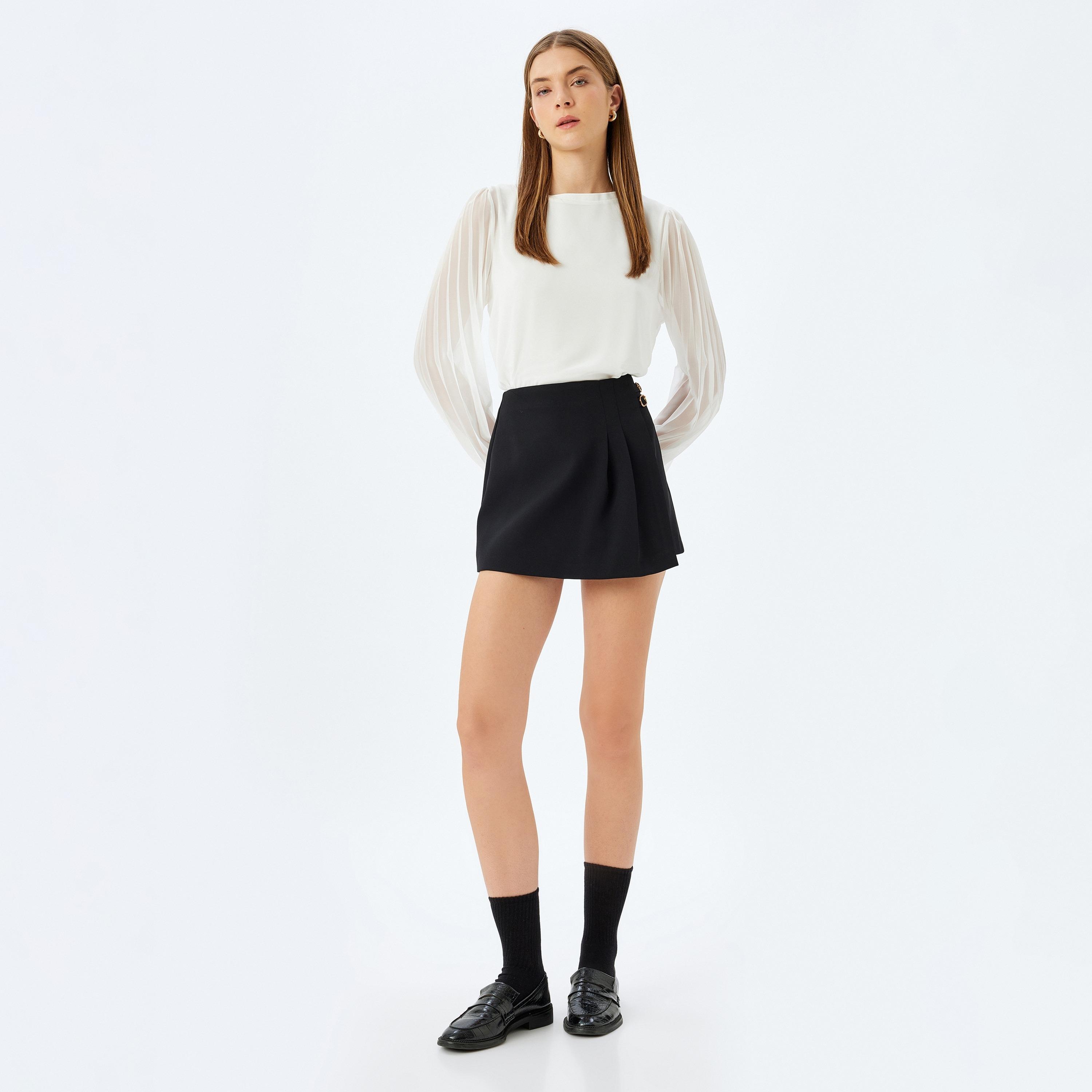 Koton White Plain Round Neck Pleated Sheer Sleeves Women's Top-women-clothing-shirtsandblouses-blouses-image-2