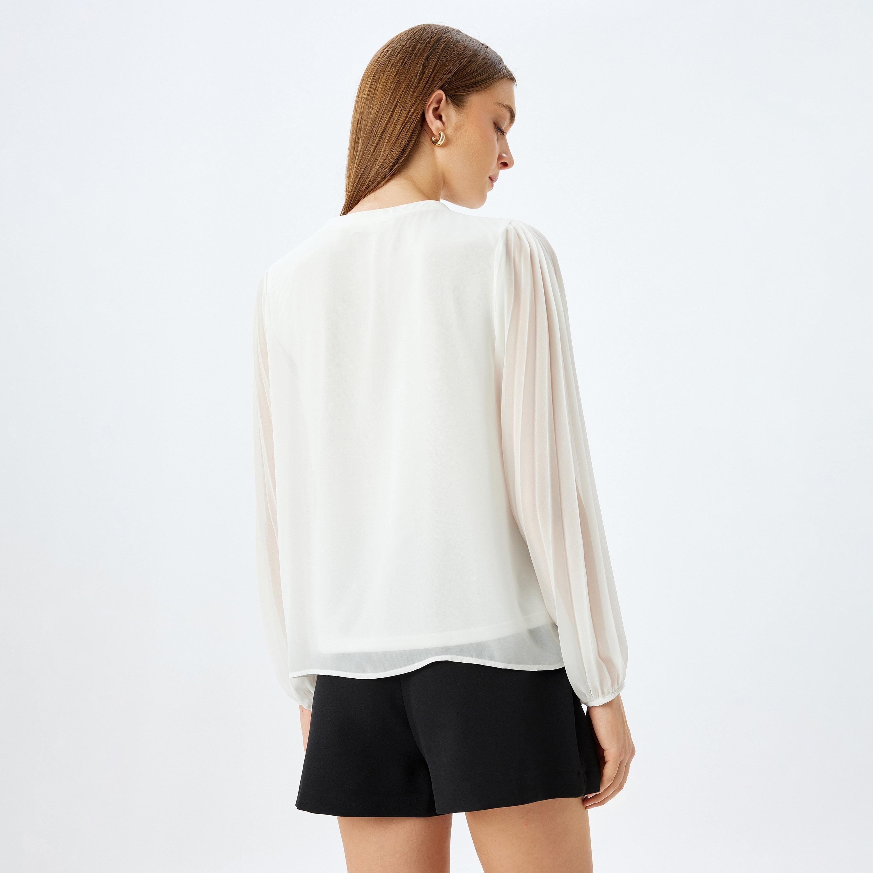 Koton White Plain Round Neck Pleated Sheer Sleeves Women's Top-women-clothing-shirtsandblouses-blouses-image-3