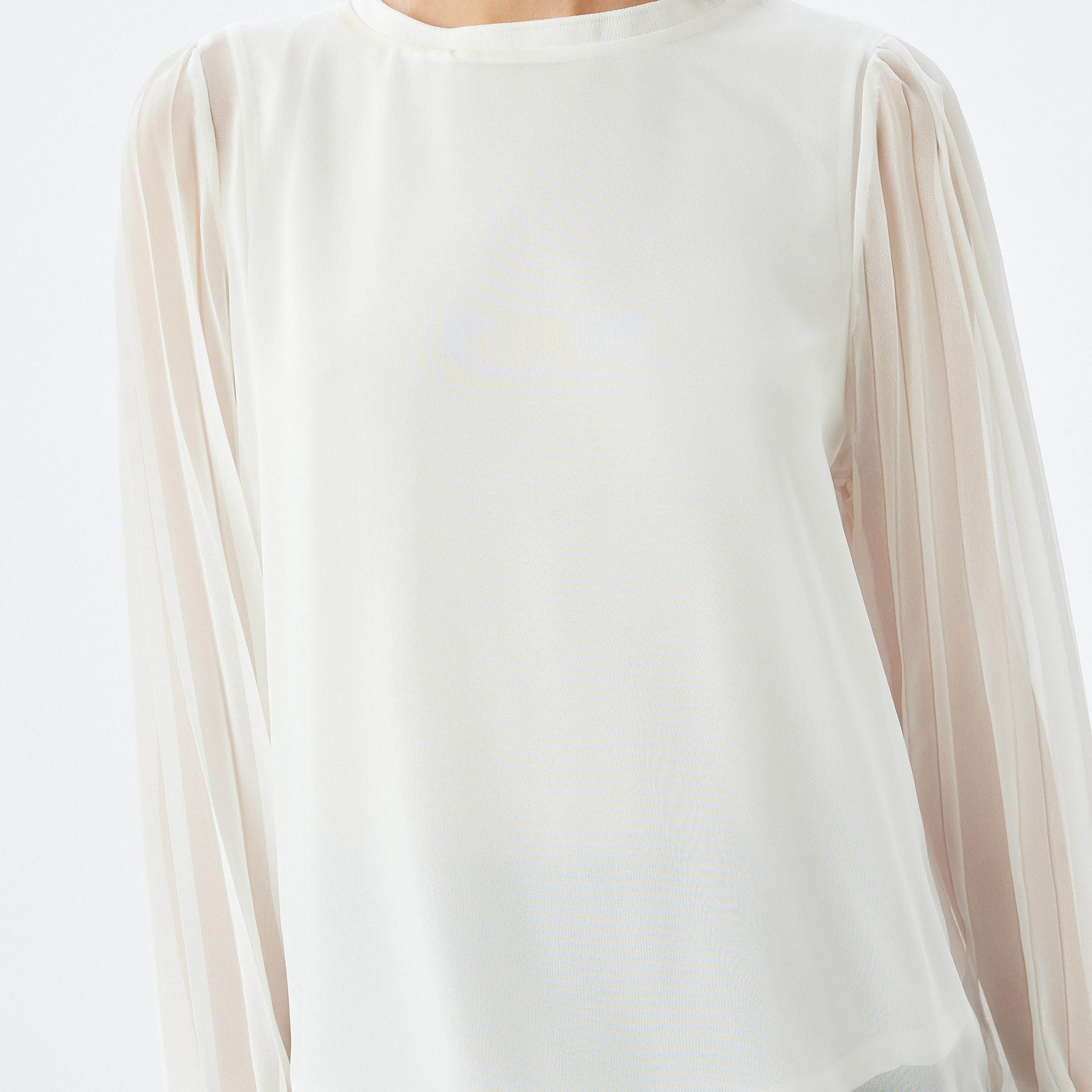 Koton White Plain Round Neck Pleated Sheer Sleeves Women's Top-women-clothing-shirtsandblouses-blouses-image-4