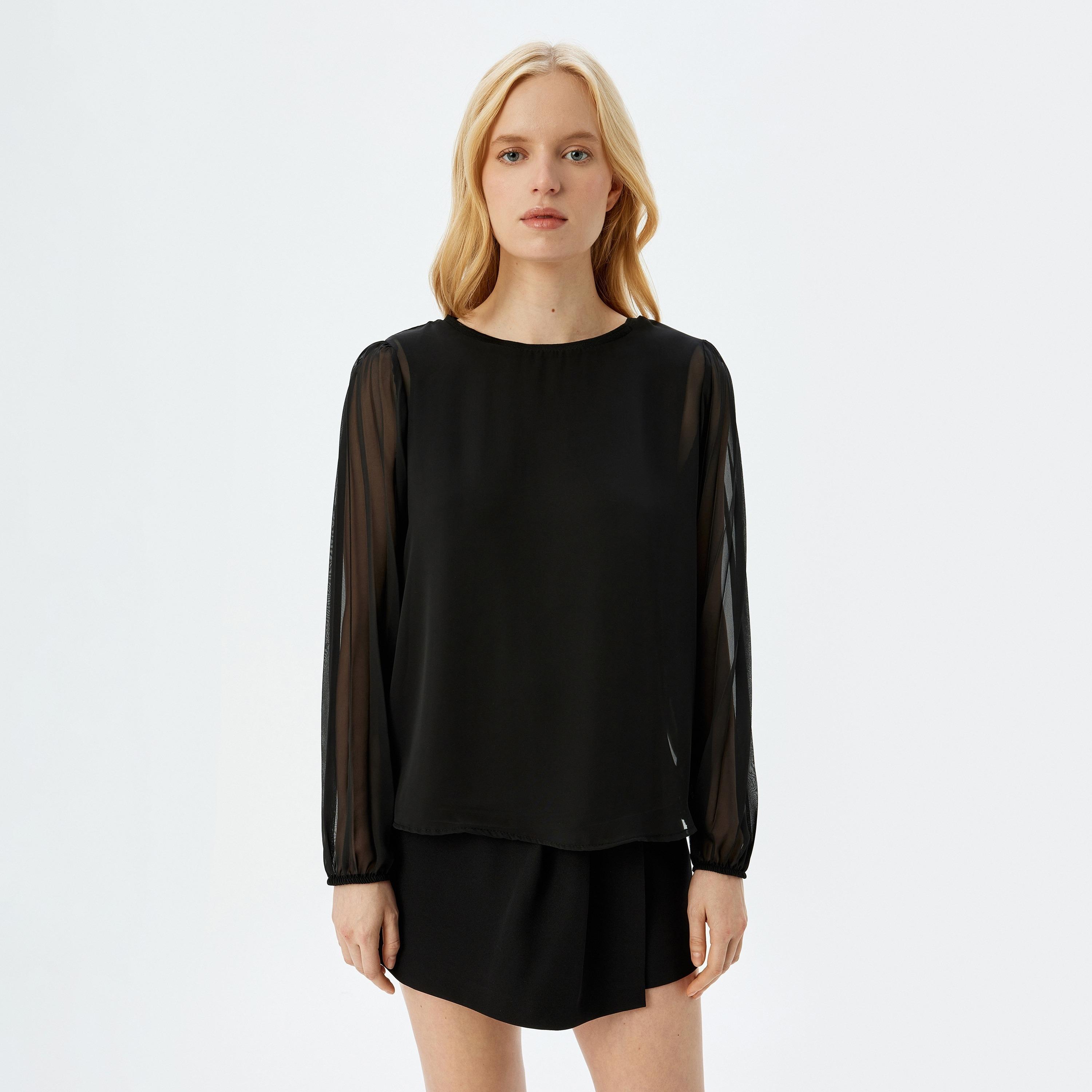 Koton Black Plain Round Neck Pleated Sheer Sleeves Women's Top-women-clothing-shirtsandblouses-blouses-image-1