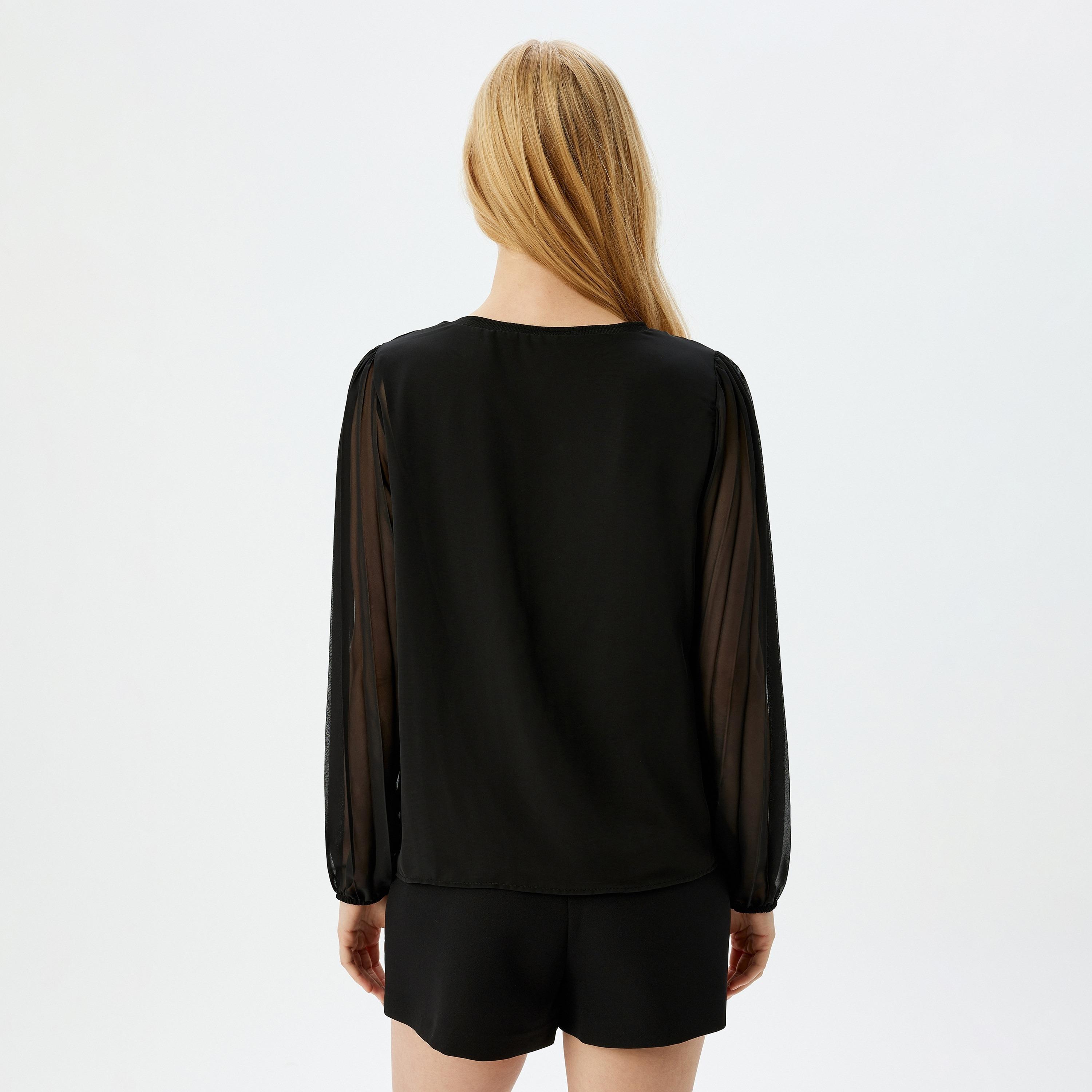 Koton Black Plain Round Neck Pleated Sheer Sleeves Women's Top-women-clothing-shirtsandblouses-blouses-image-3