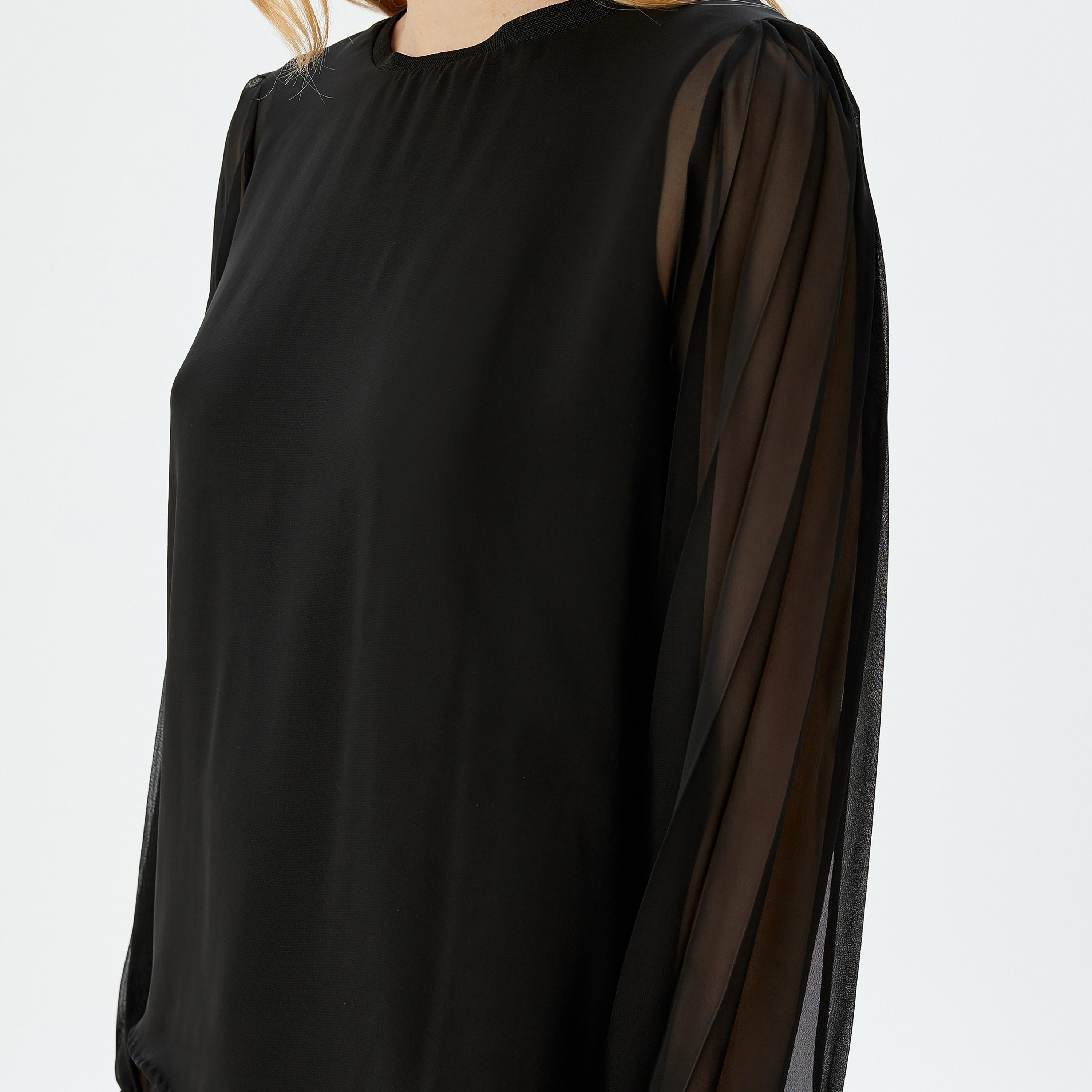 Koton Black Plain Round Neck Pleated Sheer Sleeves Women's Top-women-clothing-shirtsandblouses-blouses-image-4