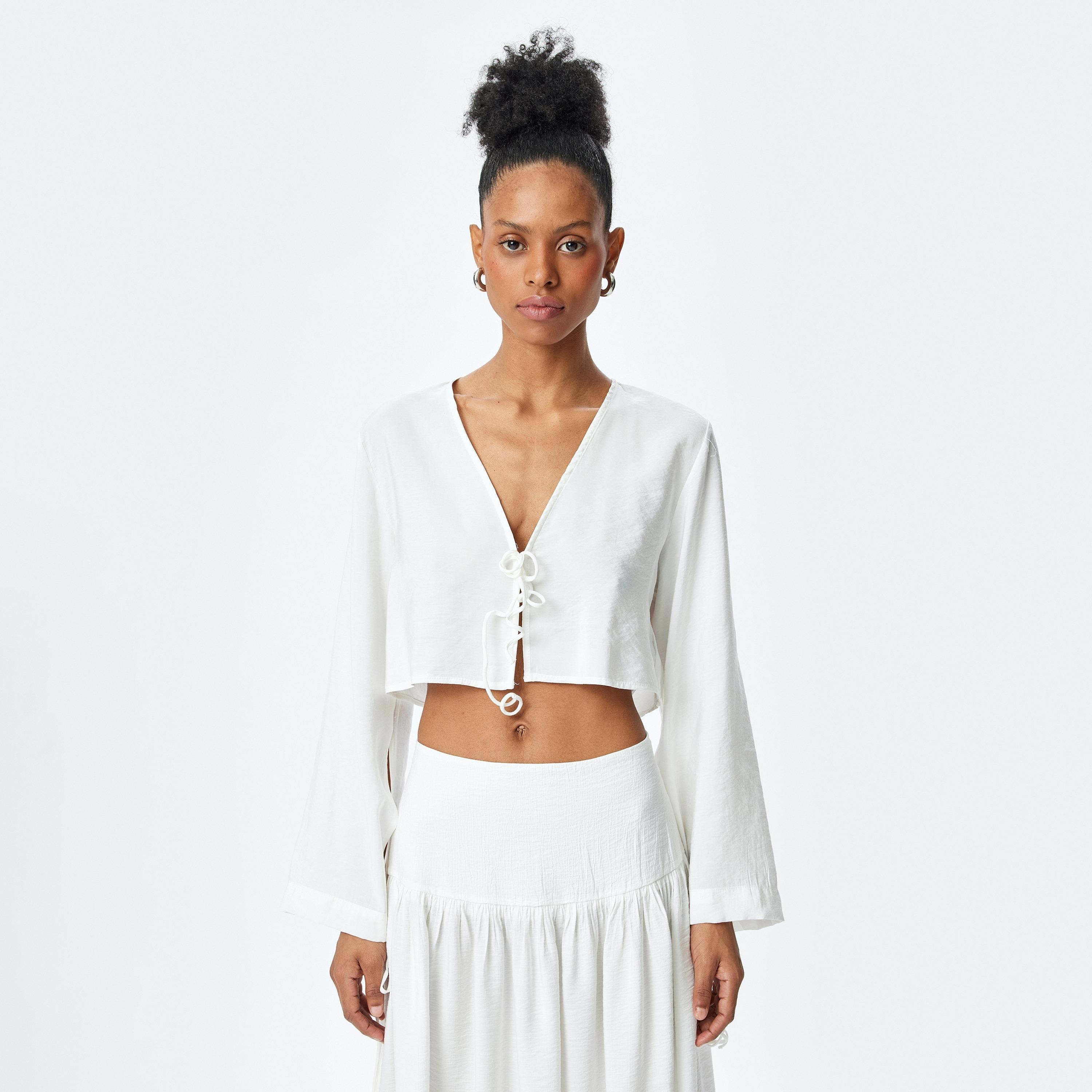 Koton White Plain V-Neck Long Sleeves Women's Top-women-clothing-shirtsandblouses-blouses-image-1