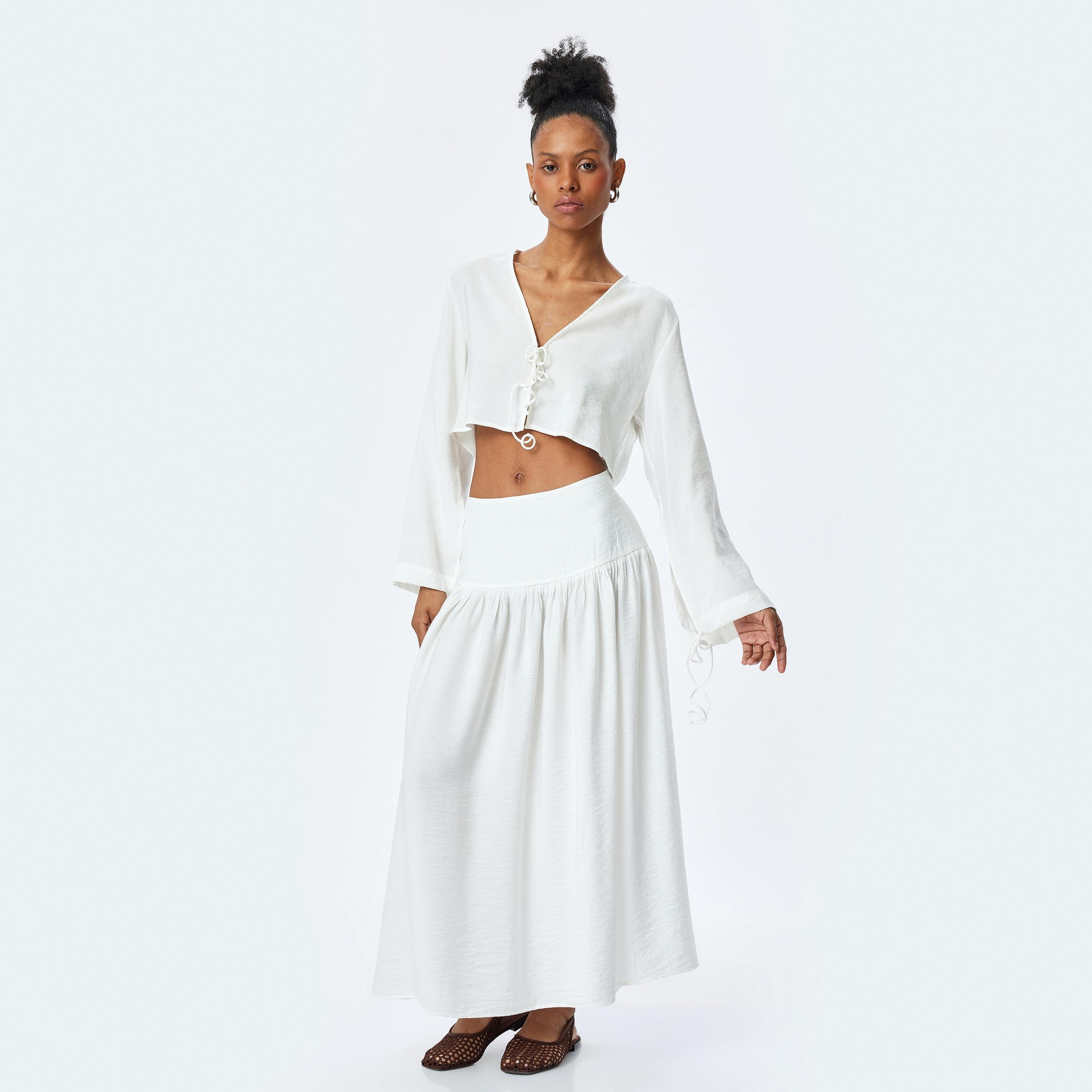 Koton White Plain V-Neck Long Sleeves Women's Top-women-clothing-shirtsandblouses-blouses-image-2