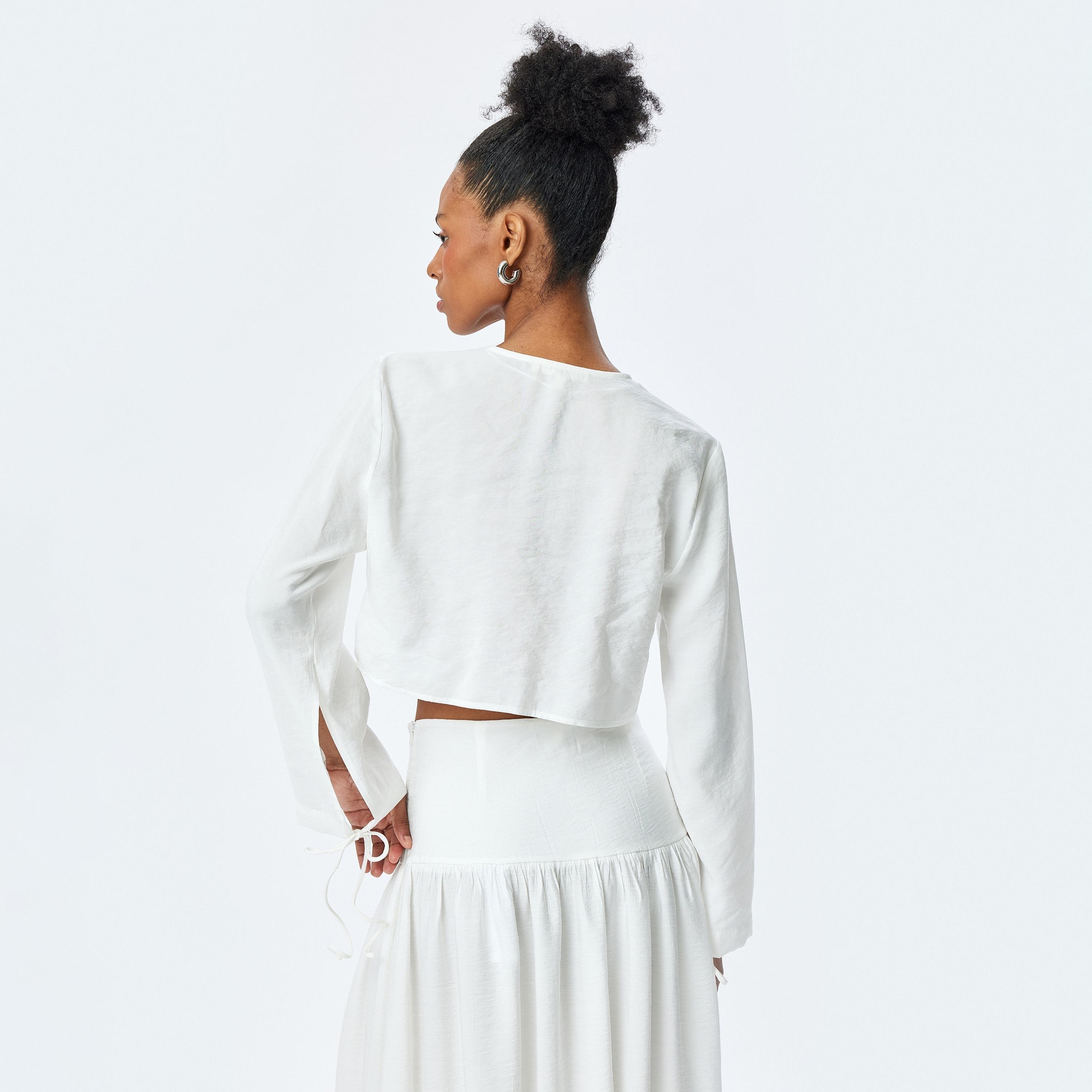 Koton White Plain V-Neck Long Sleeves Women's Top-women-clothing-shirtsandblouses-blouses-image-3