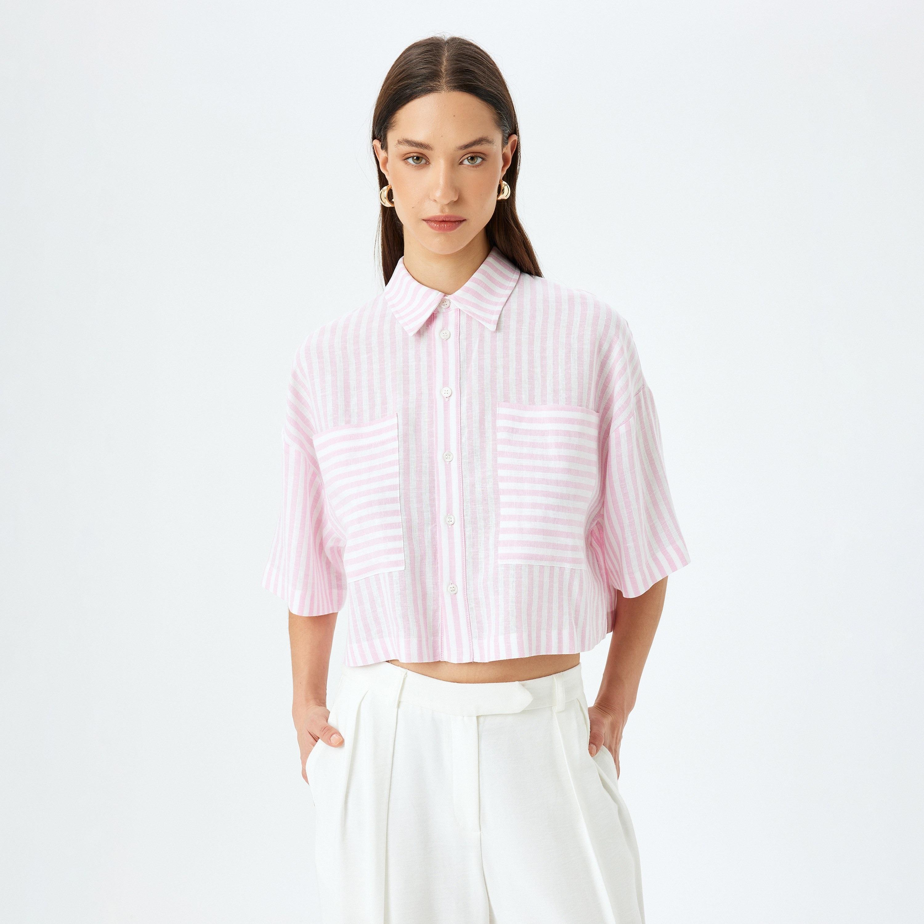 Koton Pink Striped Spread Collar Dropped Sleeves Women's Shirt-women-clothing-shirtsandblouses-shirts-image-1