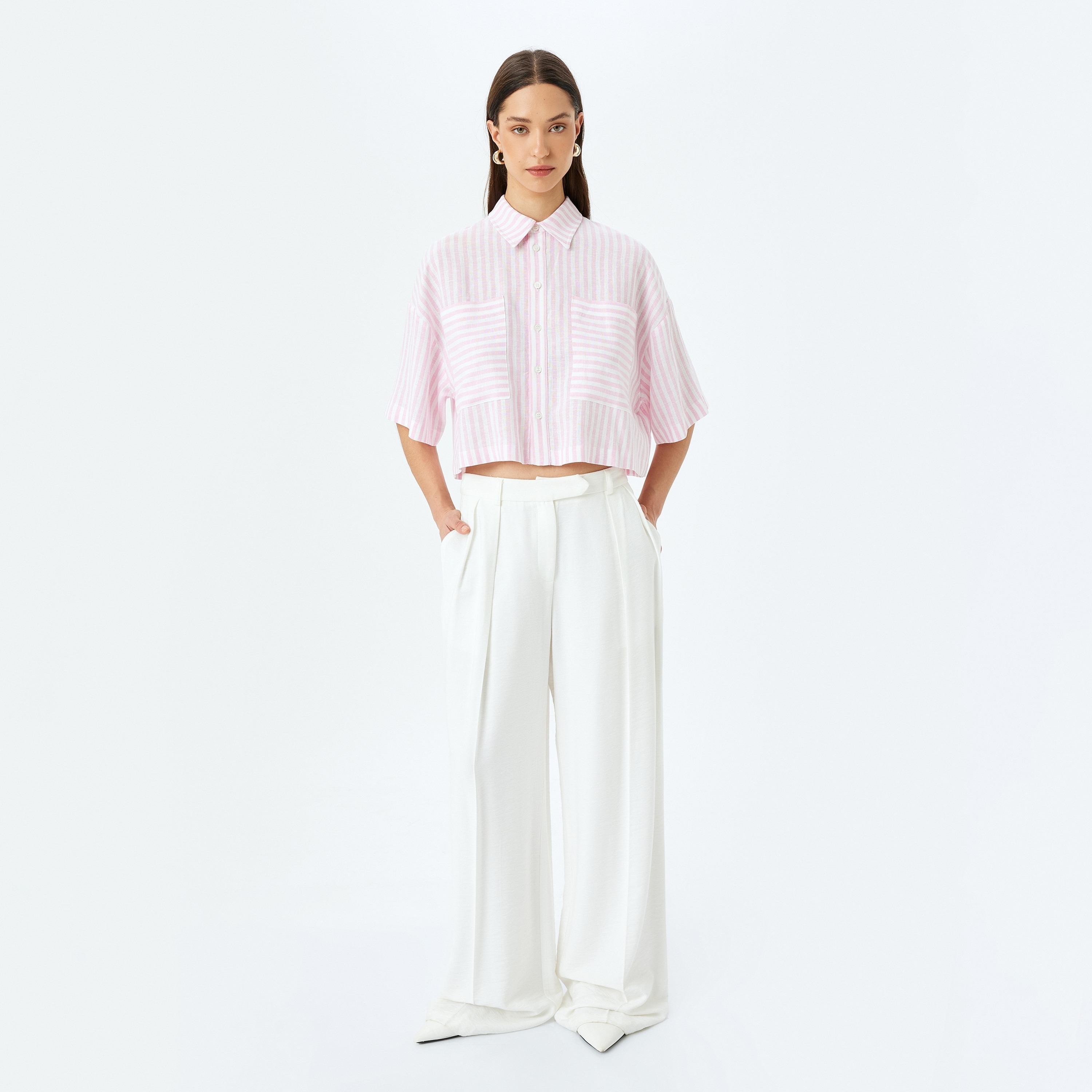 Koton Pink Striped Spread Collar Dropped Sleeves Women's Shirt-women-clothing-shirtsandblouses-shirts-image-2