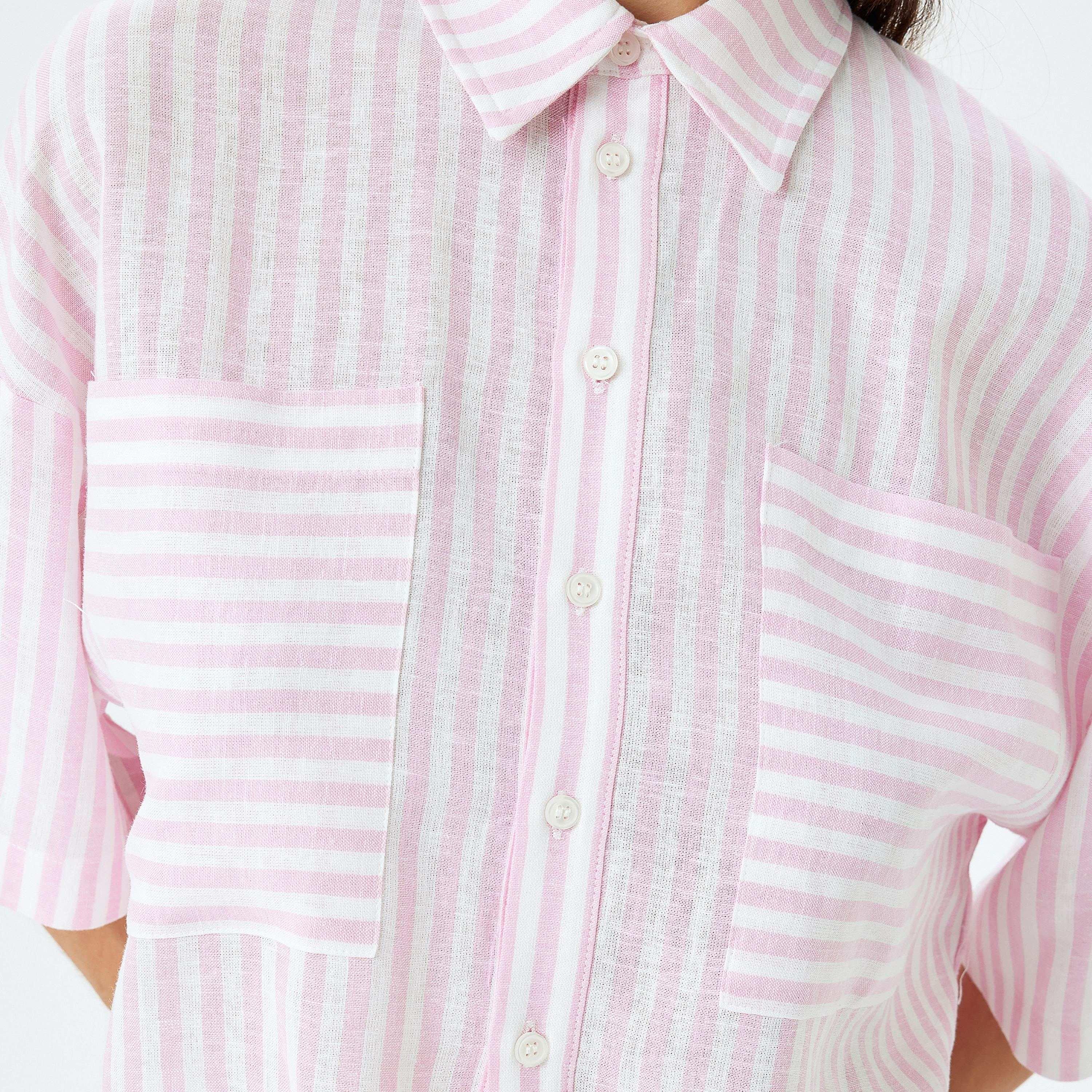 Koton Pink Striped Spread Collar Dropped Sleeves Women's Shirt-women-clothing-shirtsandblouses-shirts-image-3