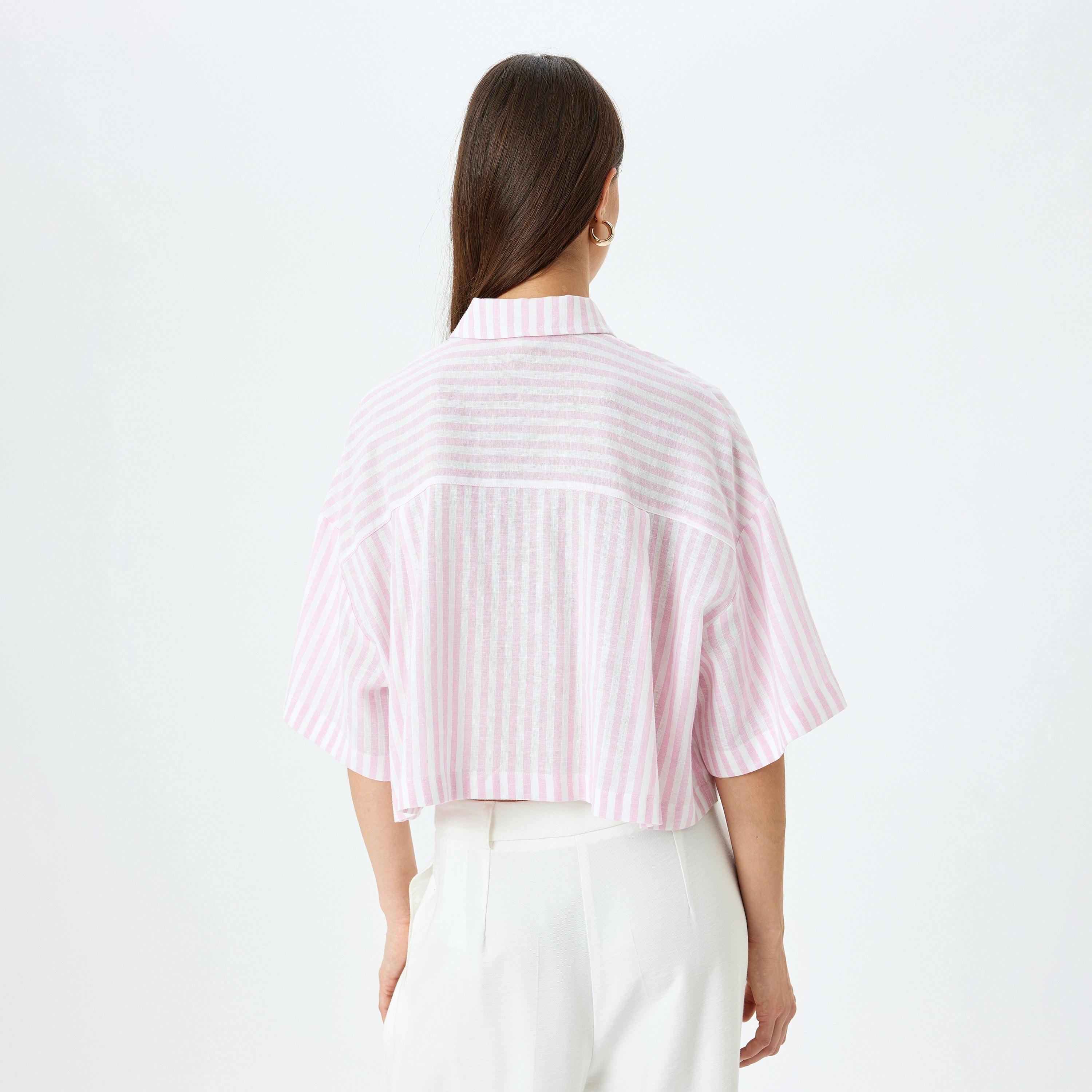 Koton Pink Striped Spread Collar Dropped Sleeves Women's Shirt-women-clothing-shirtsandblouses-shirts-image-4