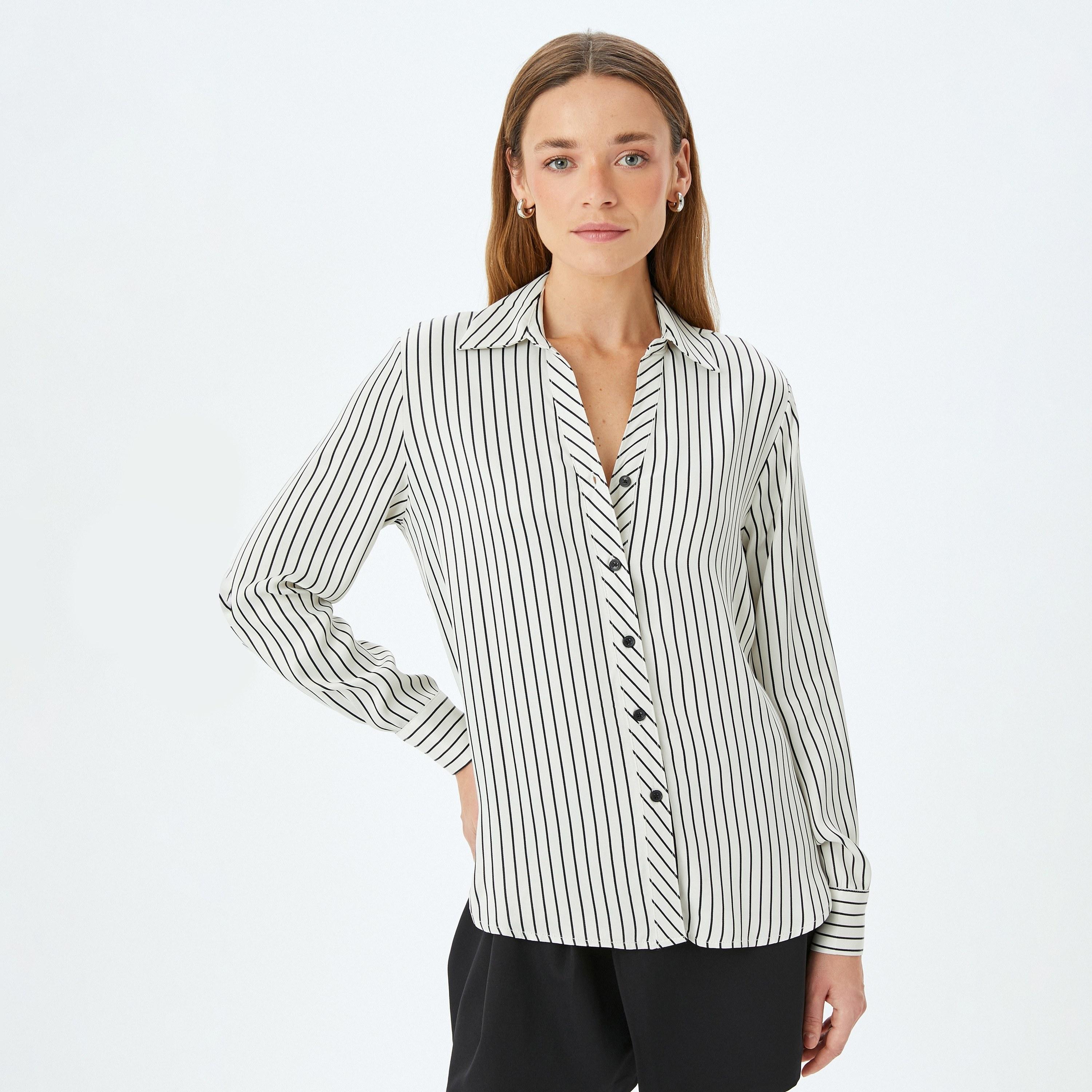 Koton White Striped Satin Spread Collar Long Sleeves Women's Shirt-women-clothing-shirtsandblouses-shirts-image-1