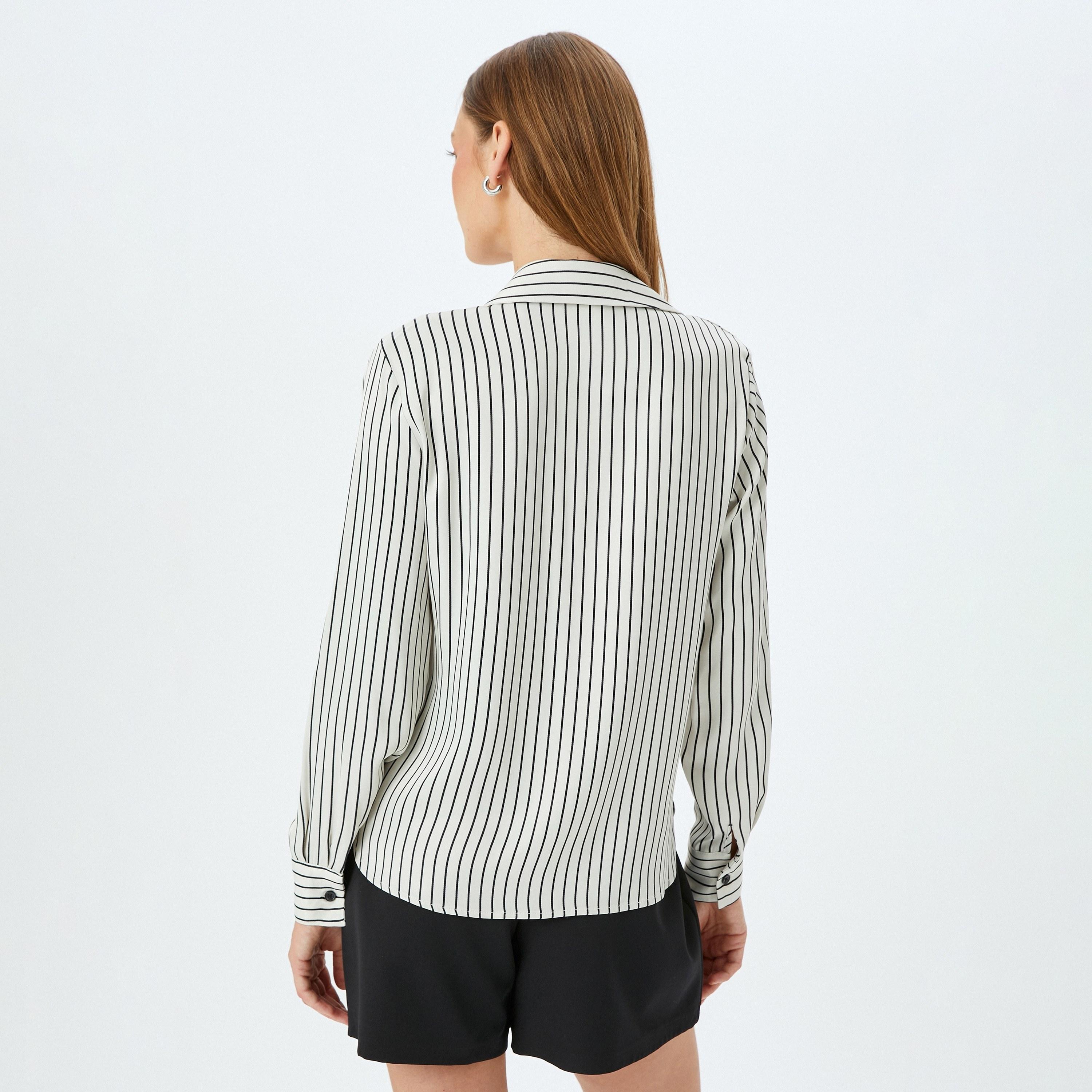 Koton White Striped Satin Spread Collar Long Sleeves Women's Shirt-women-clothing-shirtsandblouses-shirts-image-3