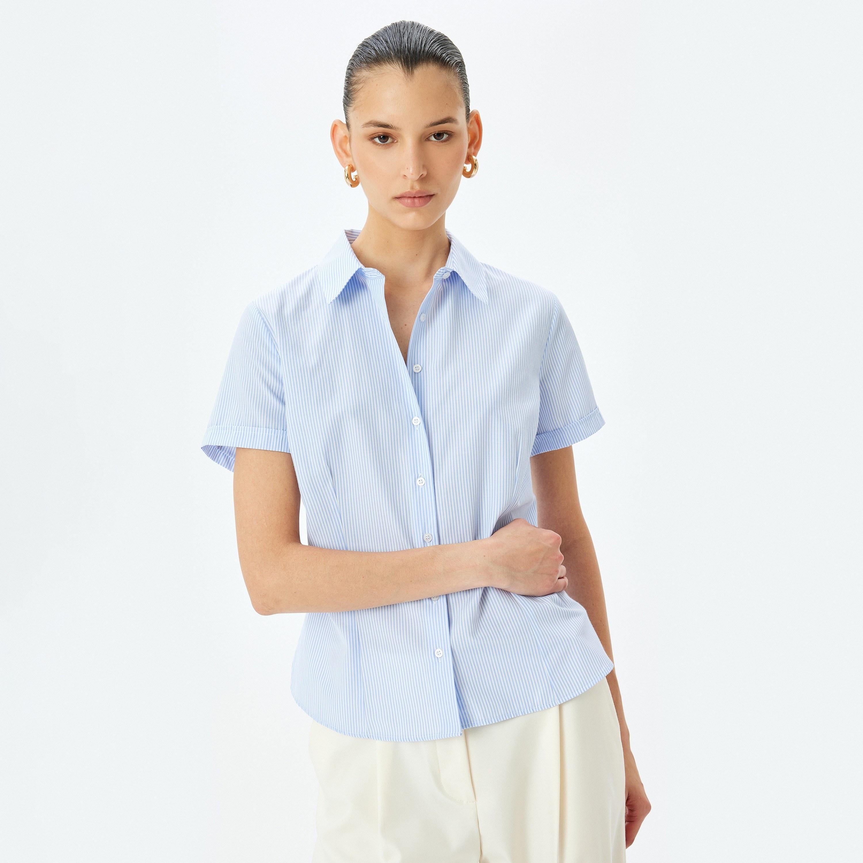 Koton Blue Stripes Poplin Spread Collar Short Sleeves Women's Shirt-women-clothing-shirtsandblouses-shirts-image-1