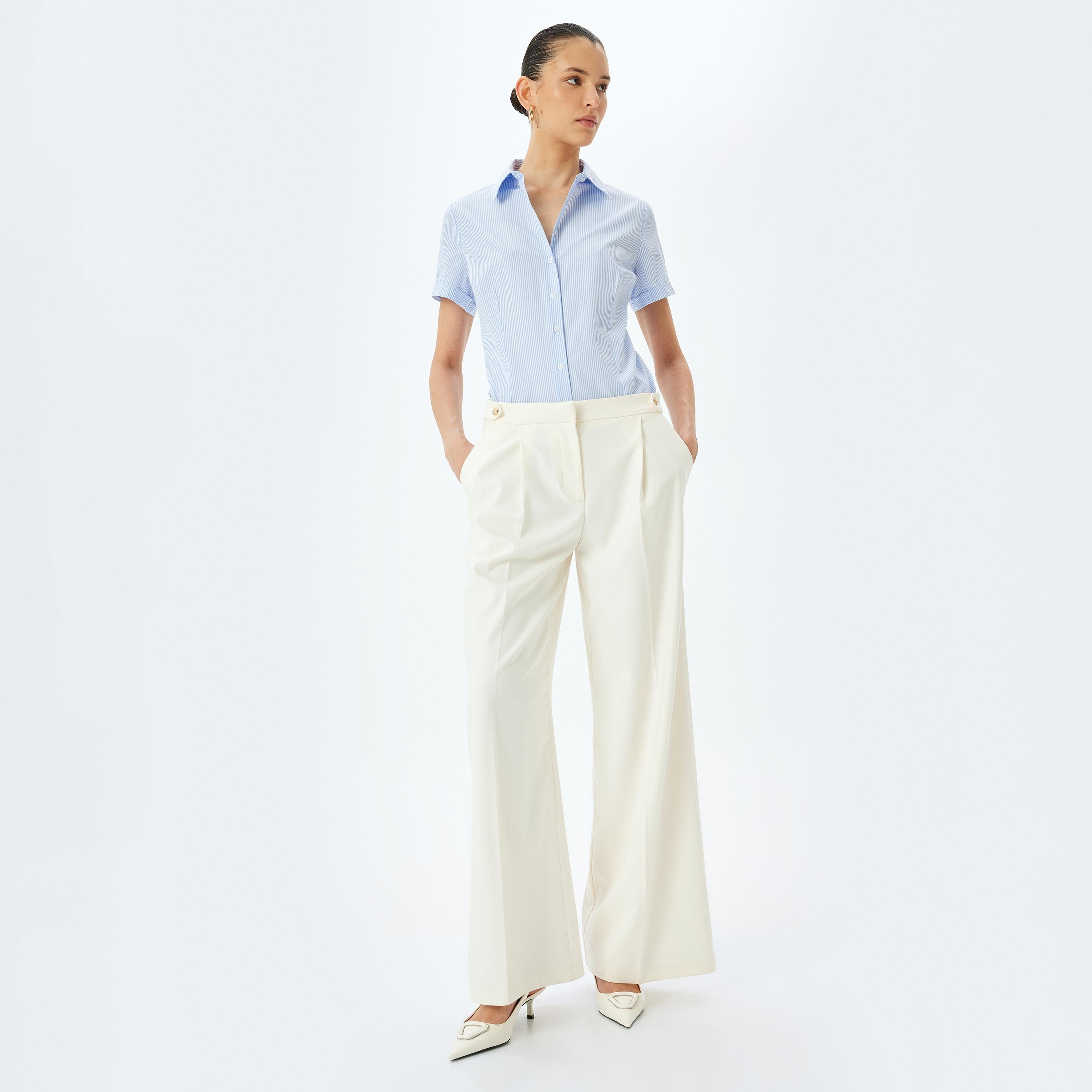 Koton Blue Stripes Poplin Spread Collar Short Sleeves Women's Shirt-women-clothing-shirtsandblouses-shirts-image-2