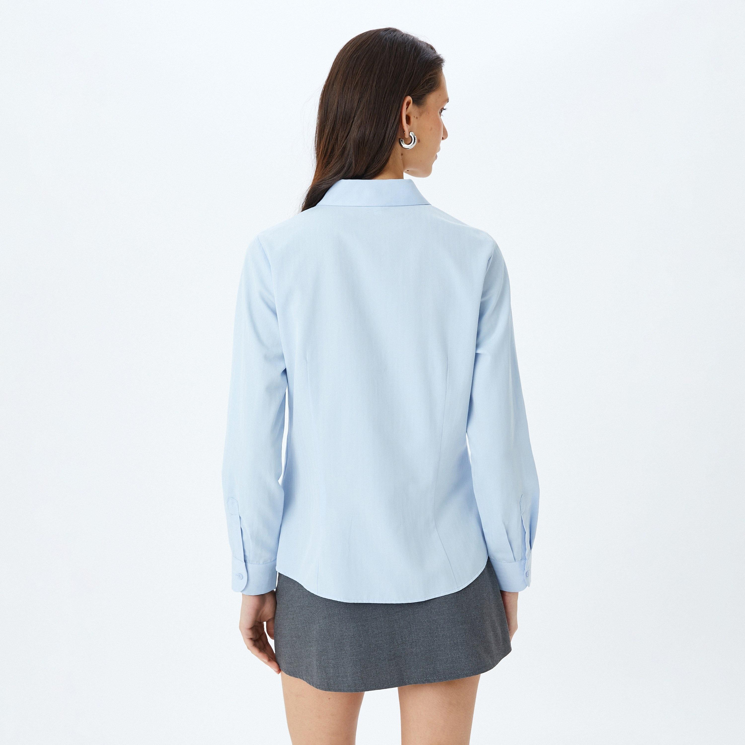 Koton Blue Plain Poplin Spread Collar Long Sleeves Women's Shirt-women-clothing-shirtsandblouses-shirts-image-3