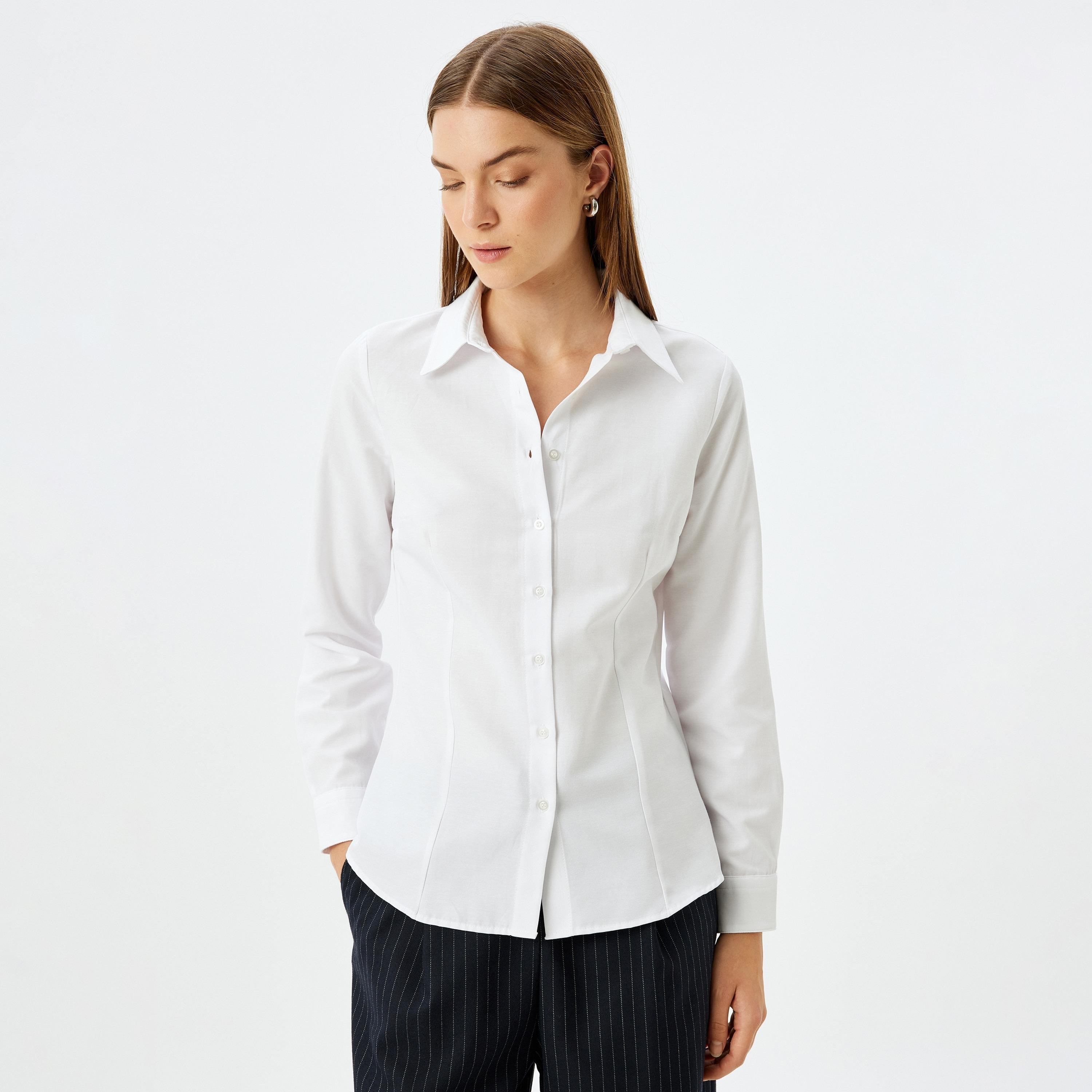 Koton White Plain Spread Collar Long Sleeves Women's Shirt-women-clothing-shirtsandblouses-shirts-image-1