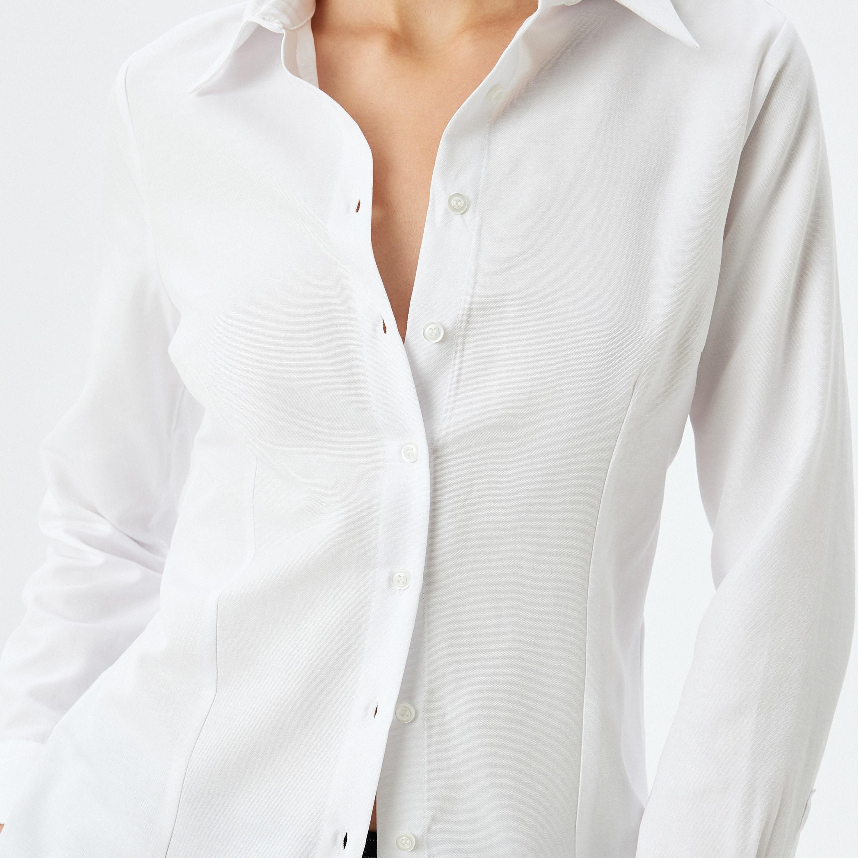Koton White Plain Spread Collar Long Sleeves Women's Shirt-women-clothing-shirtsandblouses-shirts-image-4