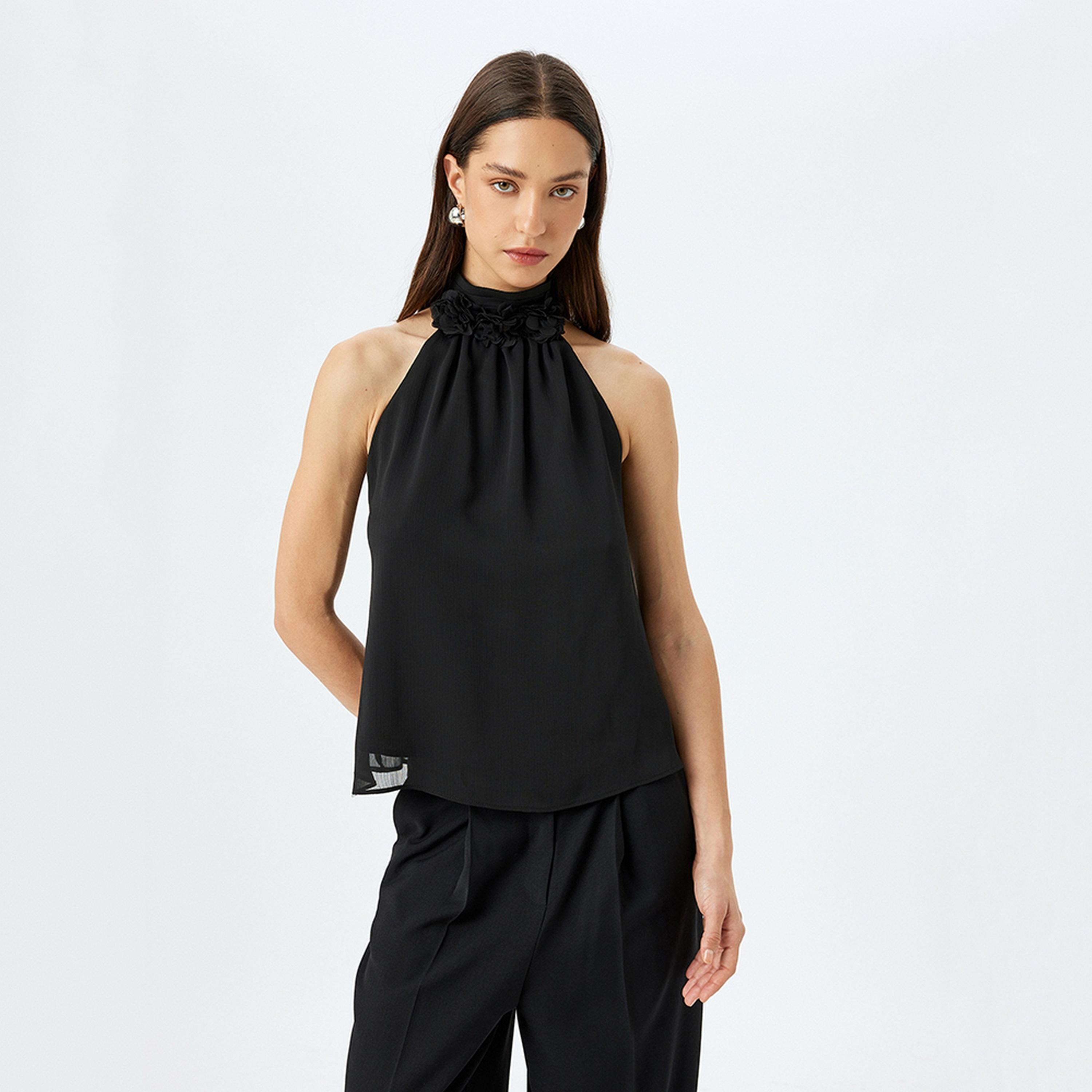 KOTON Black 3d Floral Halter Neck Sleeveless Women's Top-women-clothing-shirtsandblouses-blouses-image-1
