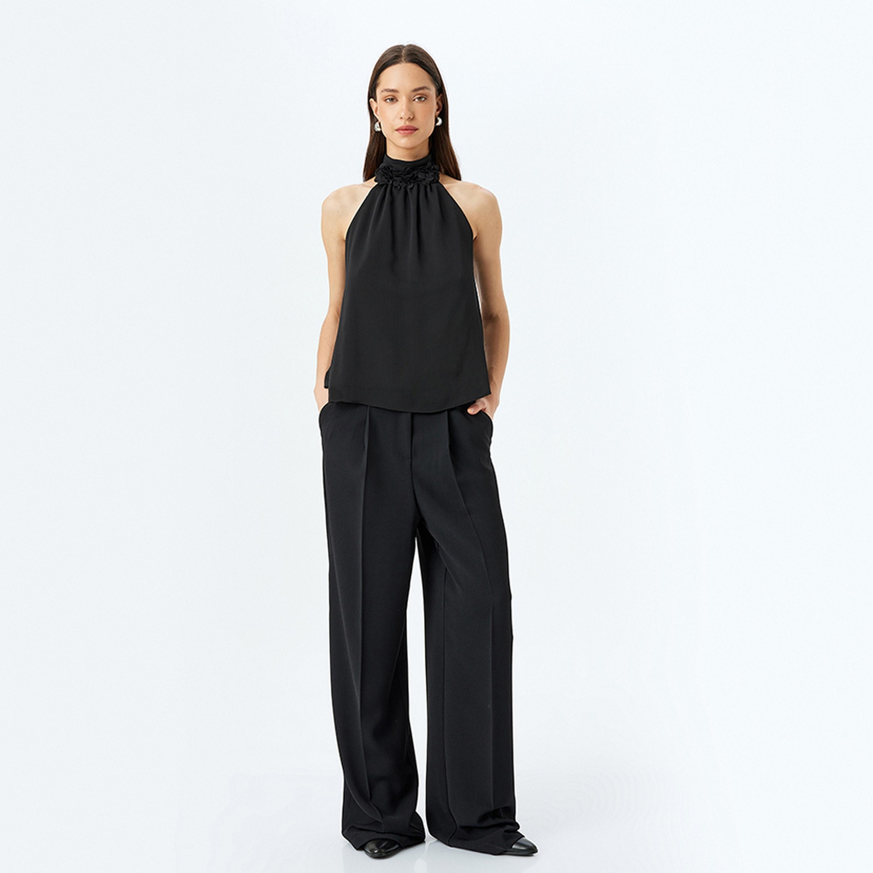 KOTON Black 3d Floral Halter Neck Sleeveless Women's Top-women-clothing-shirtsandblouses-blouses-image-2