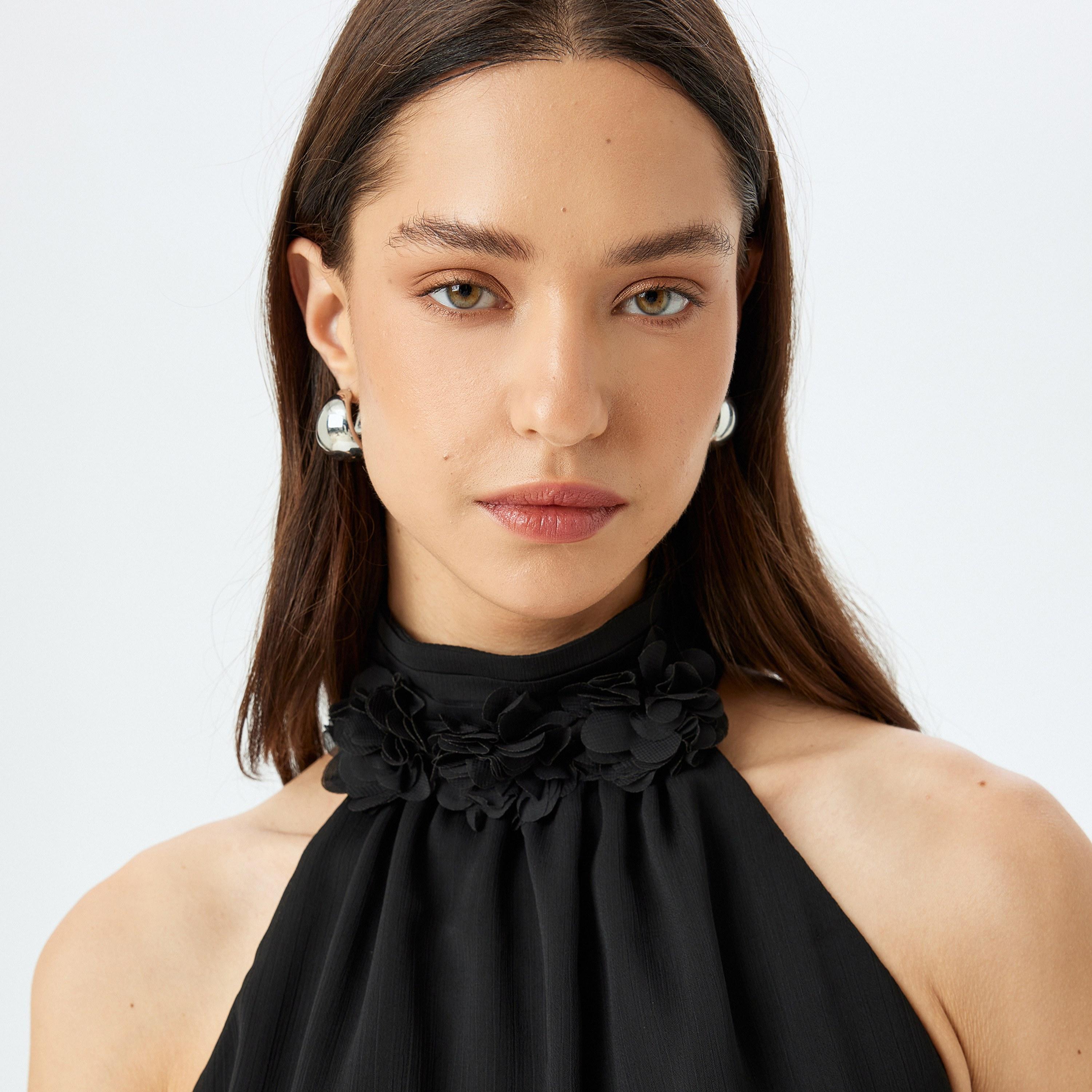 KOTON Black 3d Floral Halter Neck Sleeveless Women's Top-women-clothing-shirtsandblouses-blouses-image-4