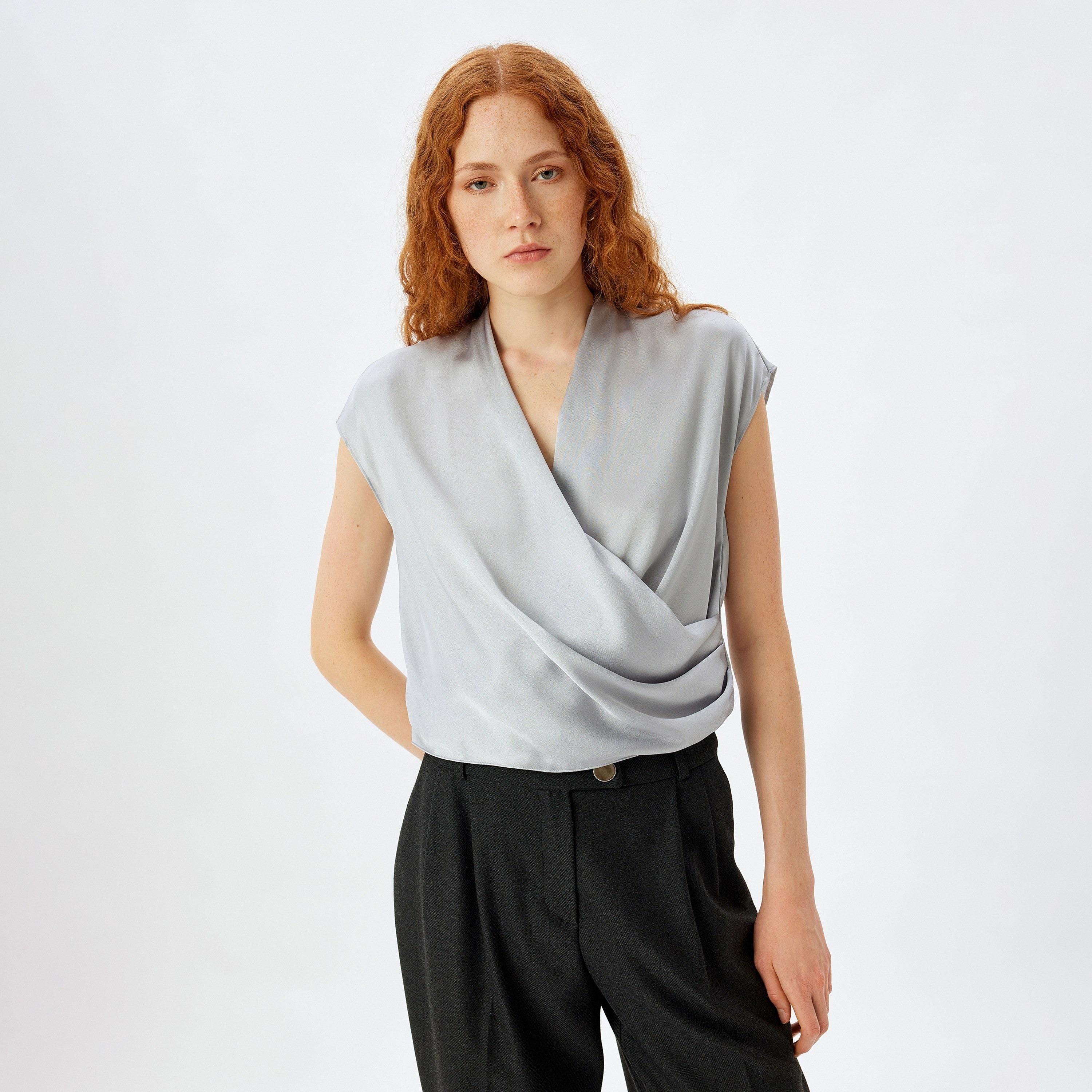 Koton Grey Draped Satin V-Neck Cap Sleeves Women's Wrap Top-women-clothing-shirtsandblouses-blouses-image-1