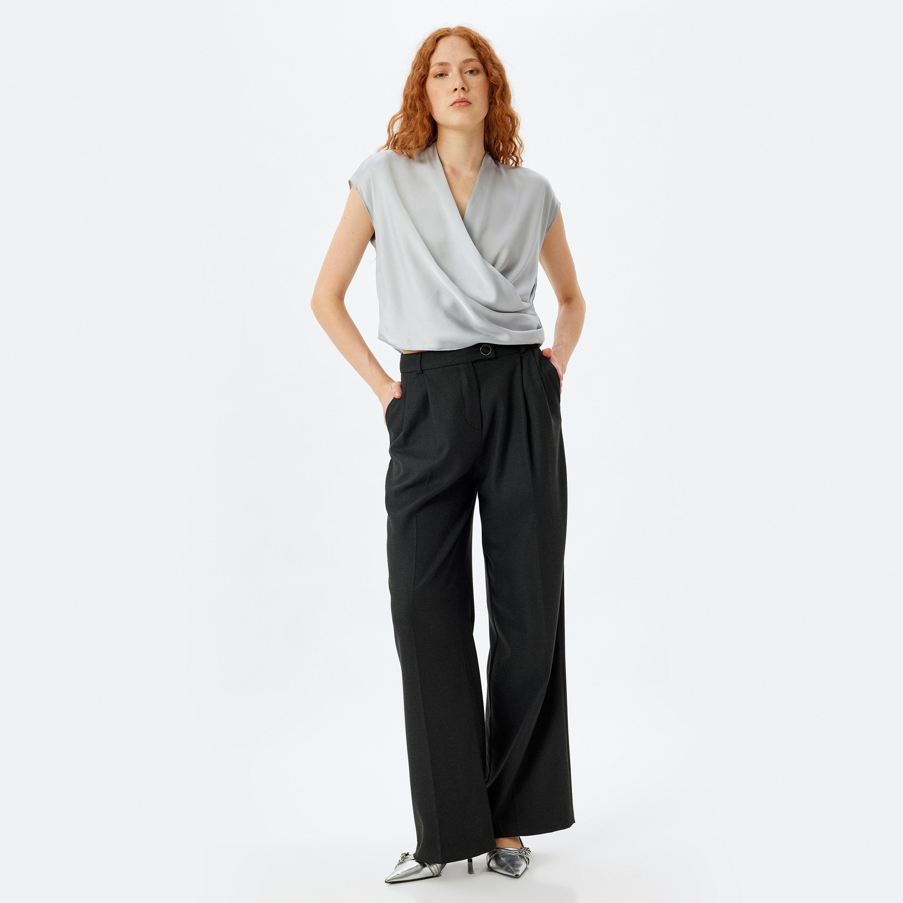 Koton Grey Draped Satin V-Neck Cap Sleeves Women's Wrap Top-women-clothing-shirtsandblouses-blouses-image-2