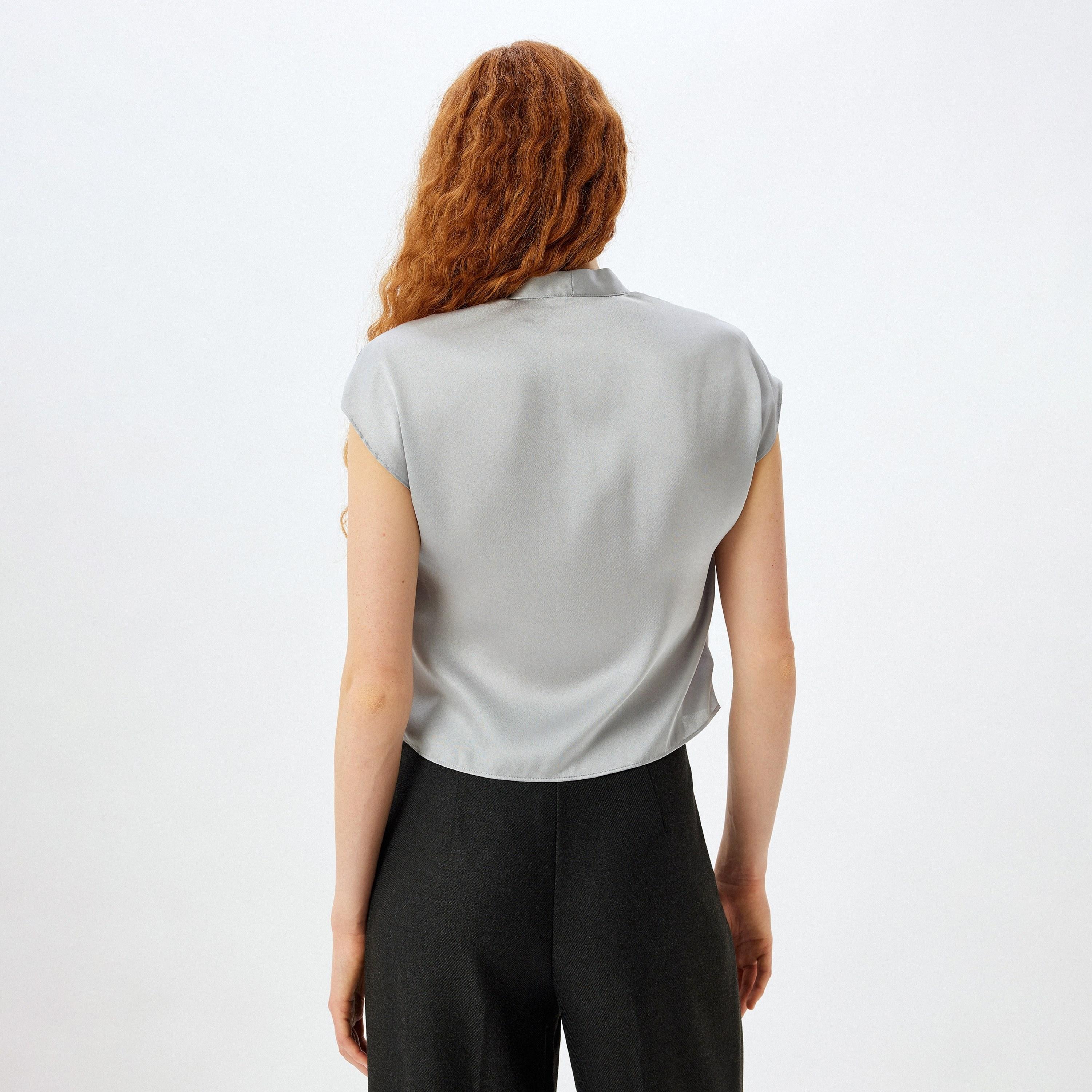 Koton Grey Draped Satin V-Neck Cap Sleeves Women's Wrap Top-women-clothing-shirtsandblouses-blouses-image-3