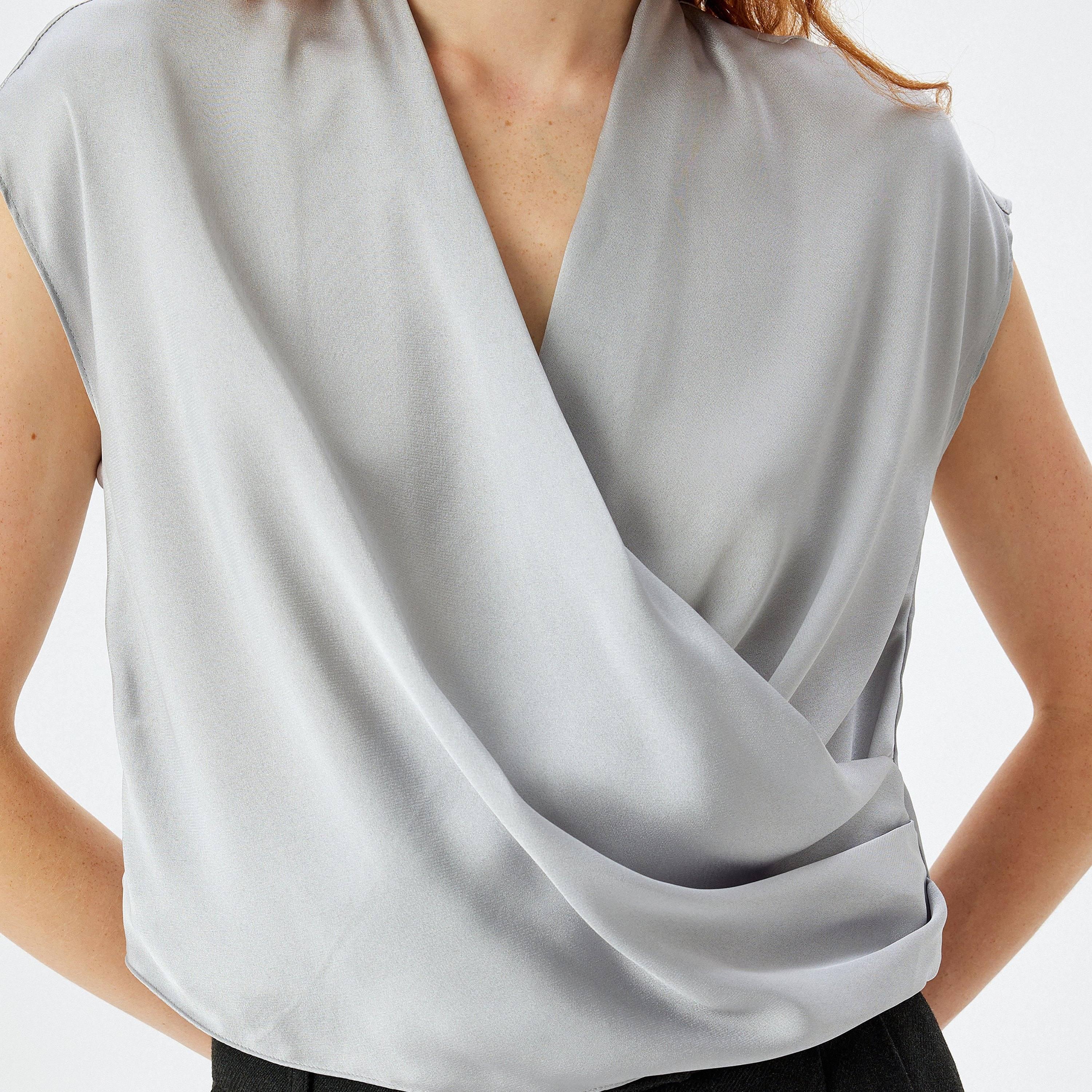 Koton Grey Draped Satin V-Neck Cap Sleeves Women's Wrap Top-women-clothing-shirtsandblouses-blouses-image-4