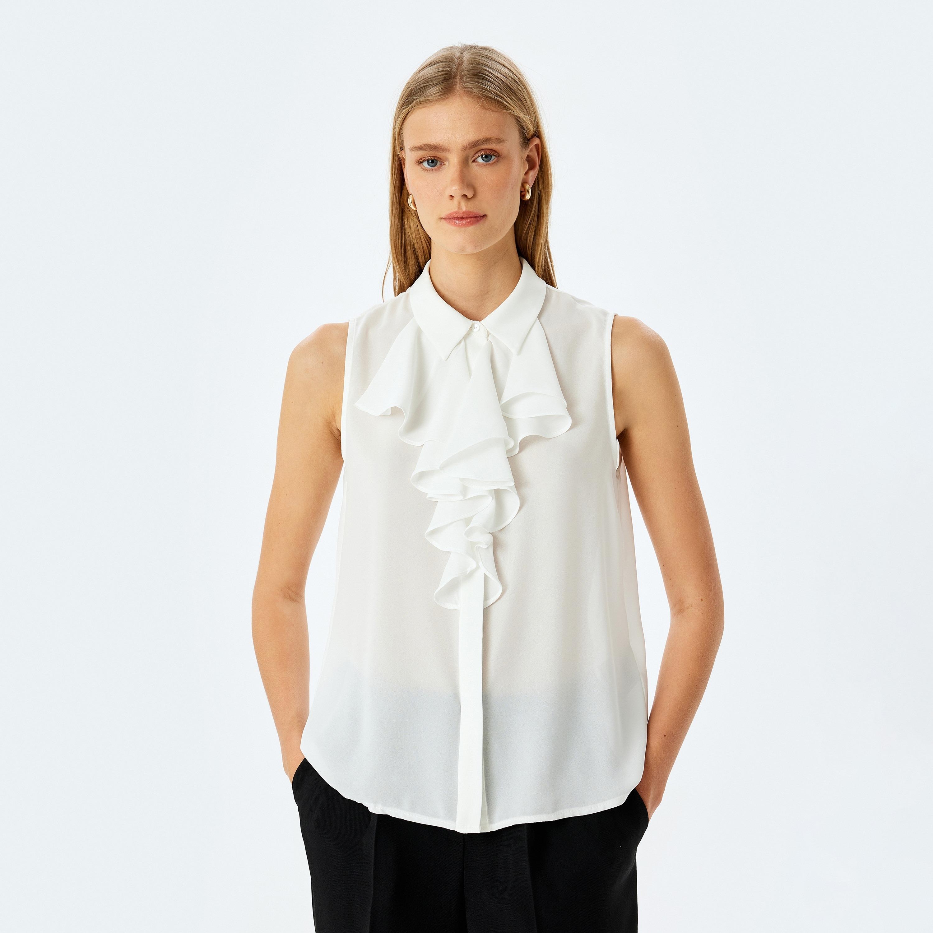 Koton White Ruffled Spread Collar Sleeveless Women's Shirt-women-clothing-shirtsandblouses-shirts-image-1