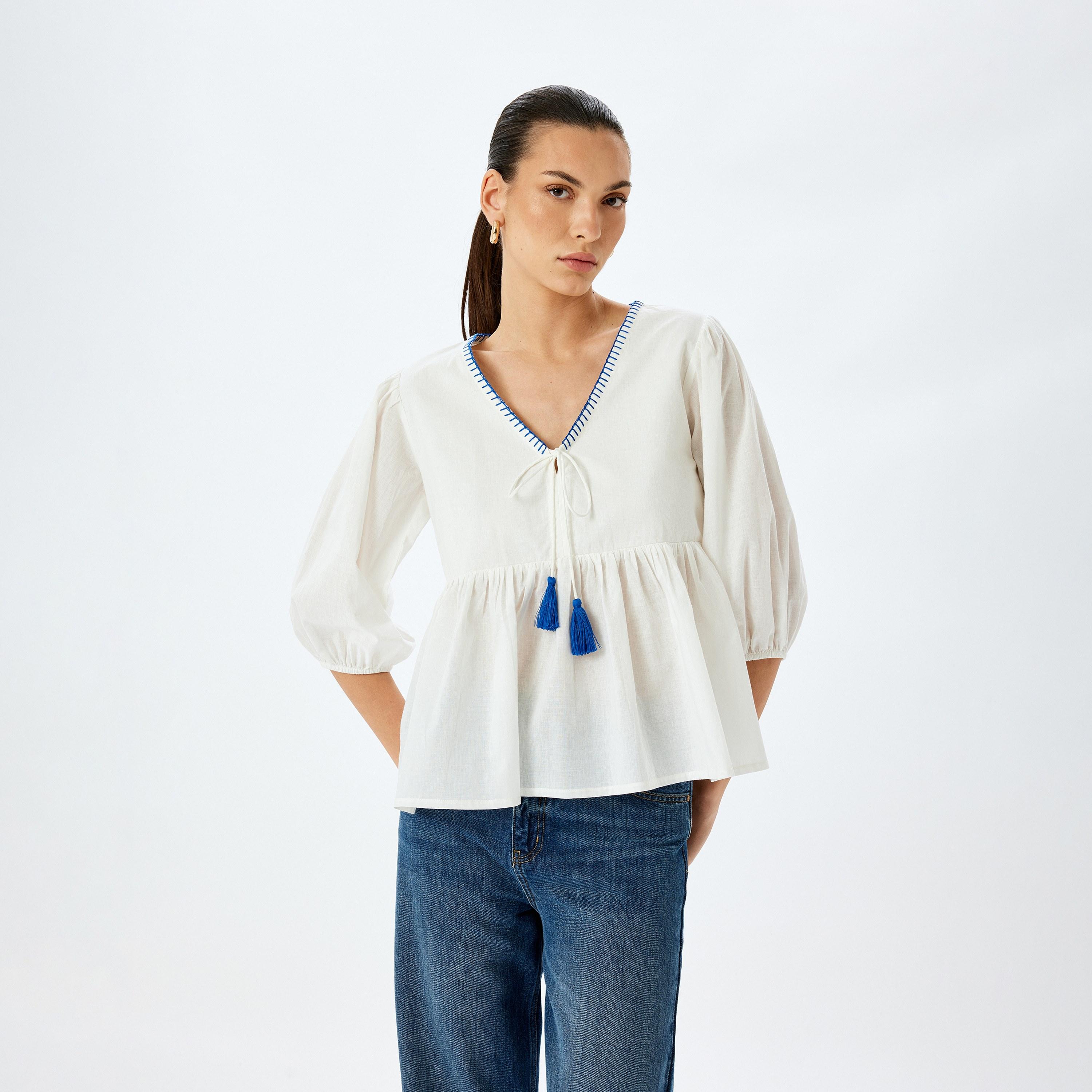 KOTON White Cotton Tie-Up Neck Puff Sleeves Women's Peplum Top-women-clothing-shirtsandblouses-blouses-image-1